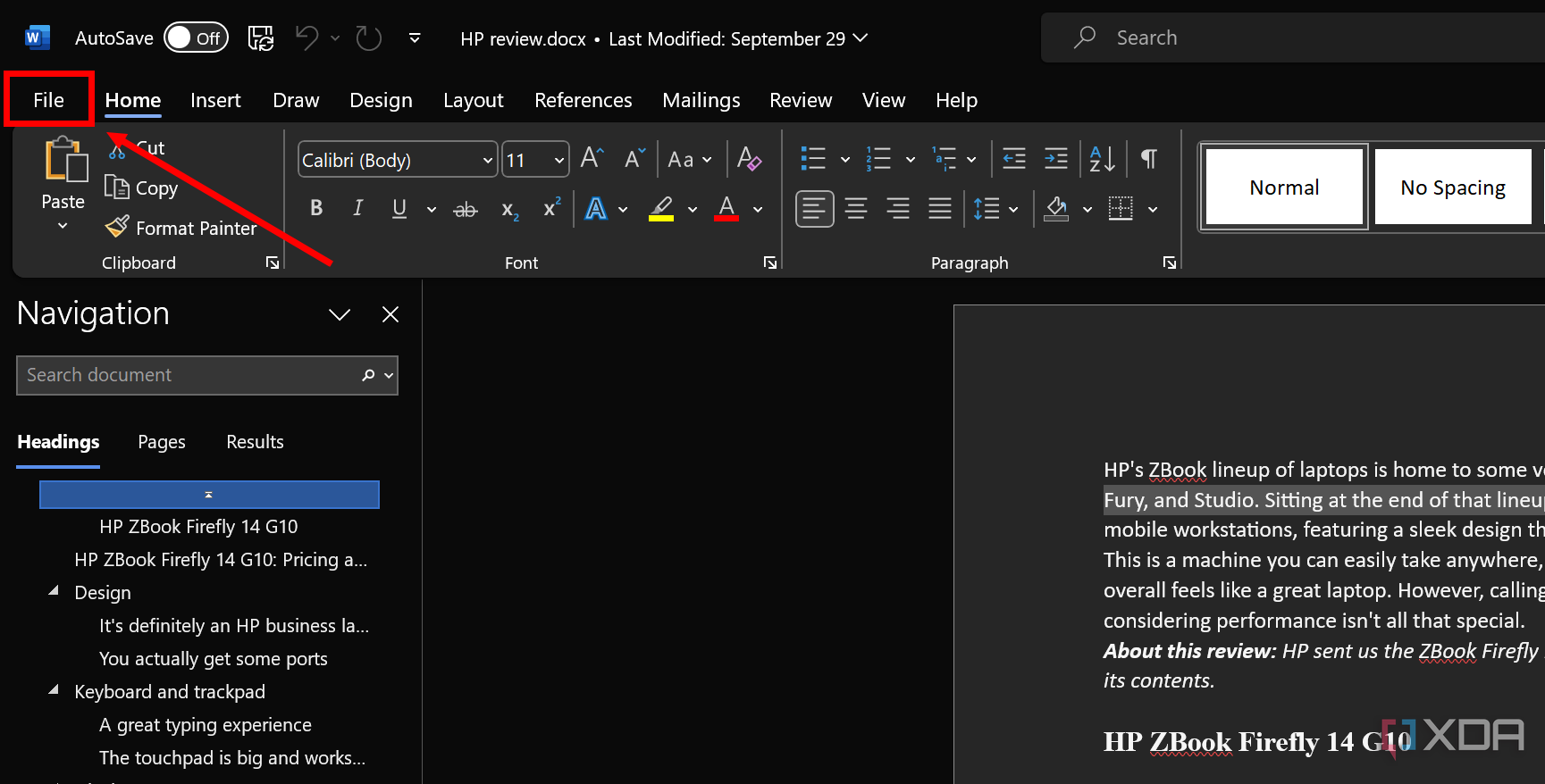 Screenshot of Microsoft Word zoomed in on the menu with the File option highlighted