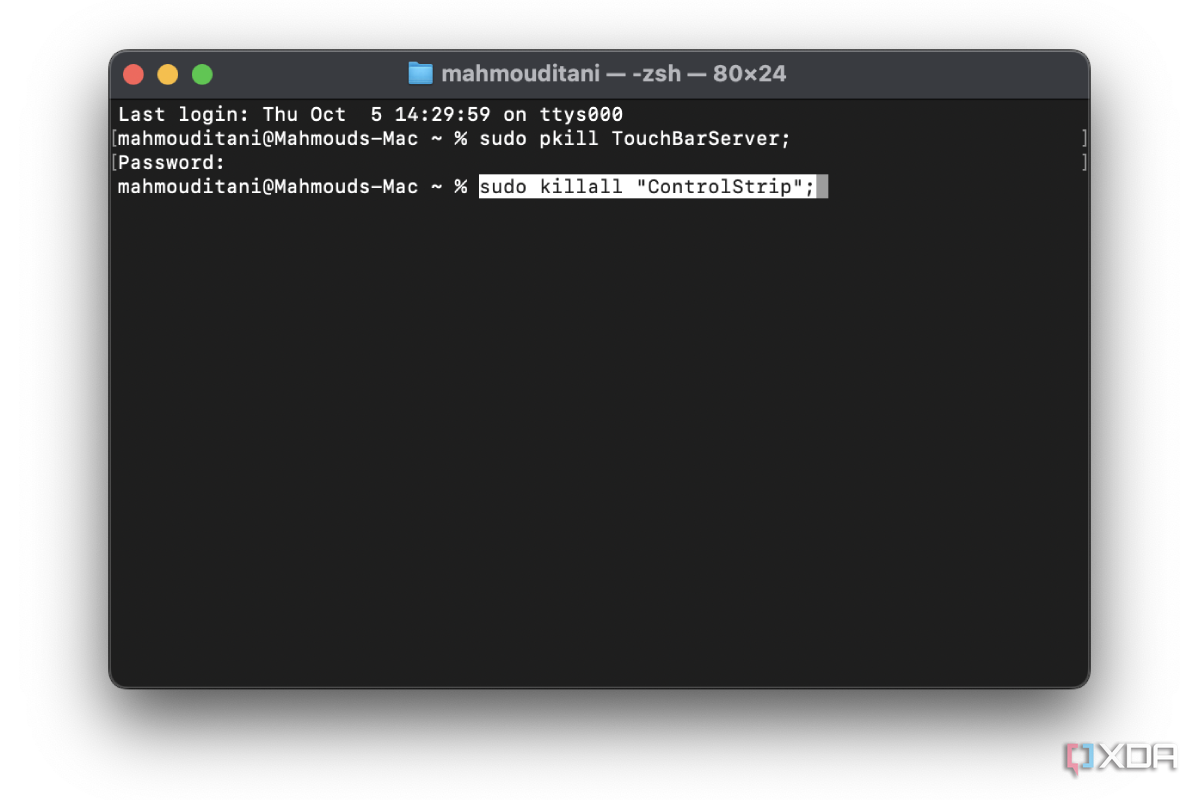 Terminal window on macOS displaying commands to reset Touch Bar