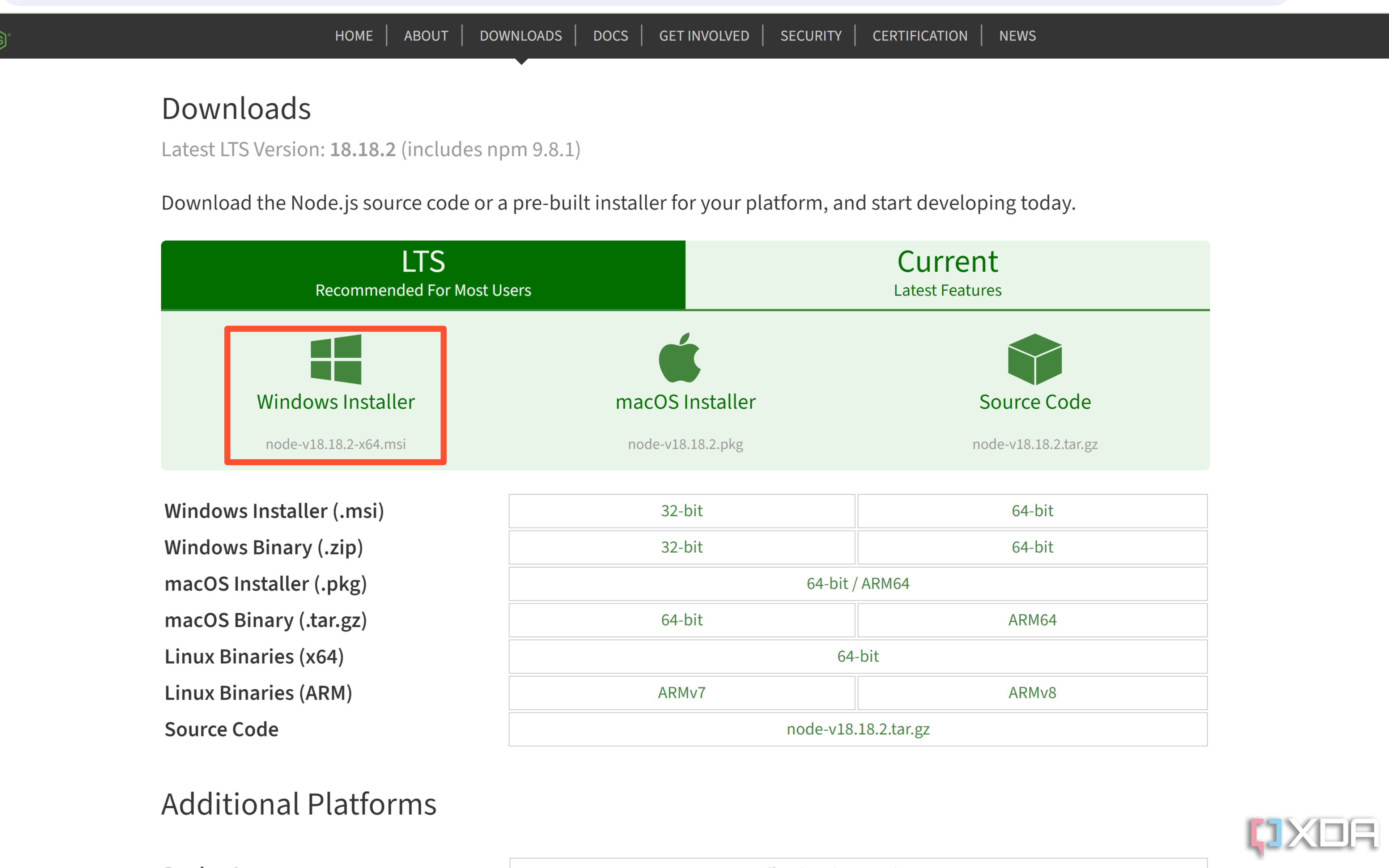 La opción para descargar la versión Windows del instalador de Node.js.