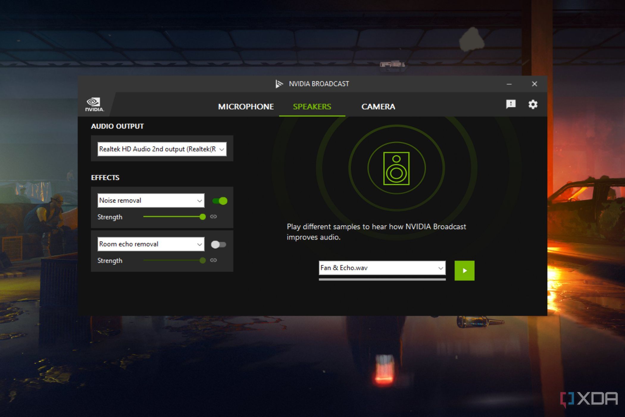 A screenshot showing the Nvidia Broadcast speaker tools.