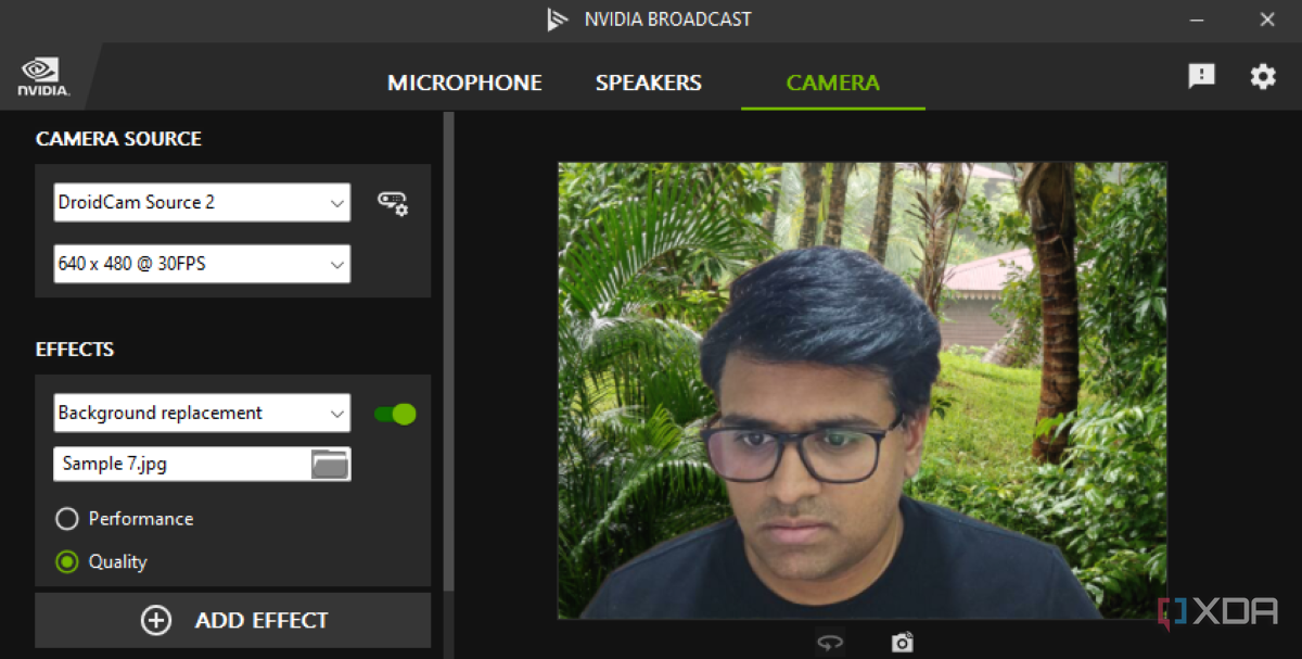 A screenshot showing the Nvidia Broadcast webcam interface with BG replace feature.