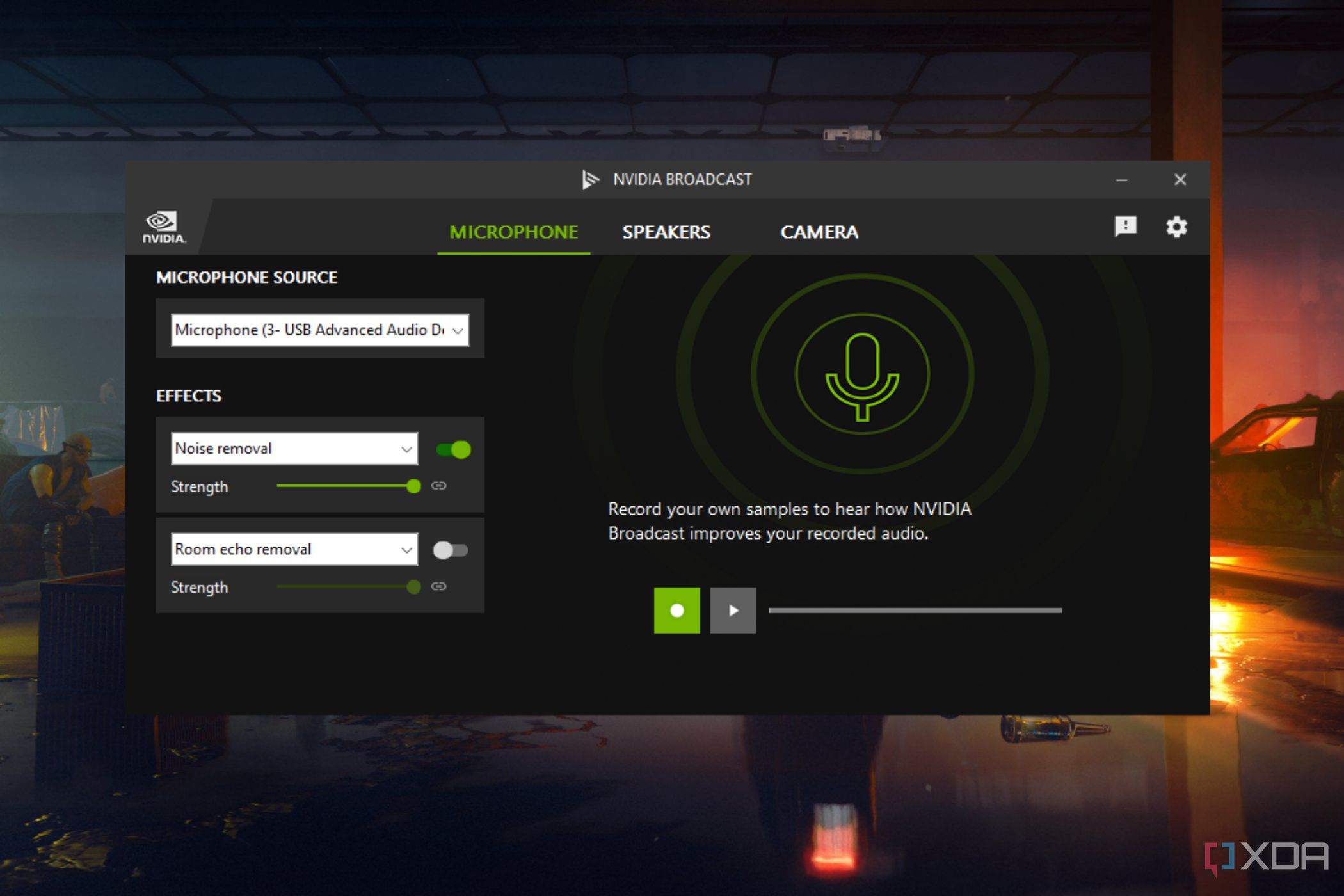 A screenshot showing the Nvidia Broadcast tool showing microphone settings.