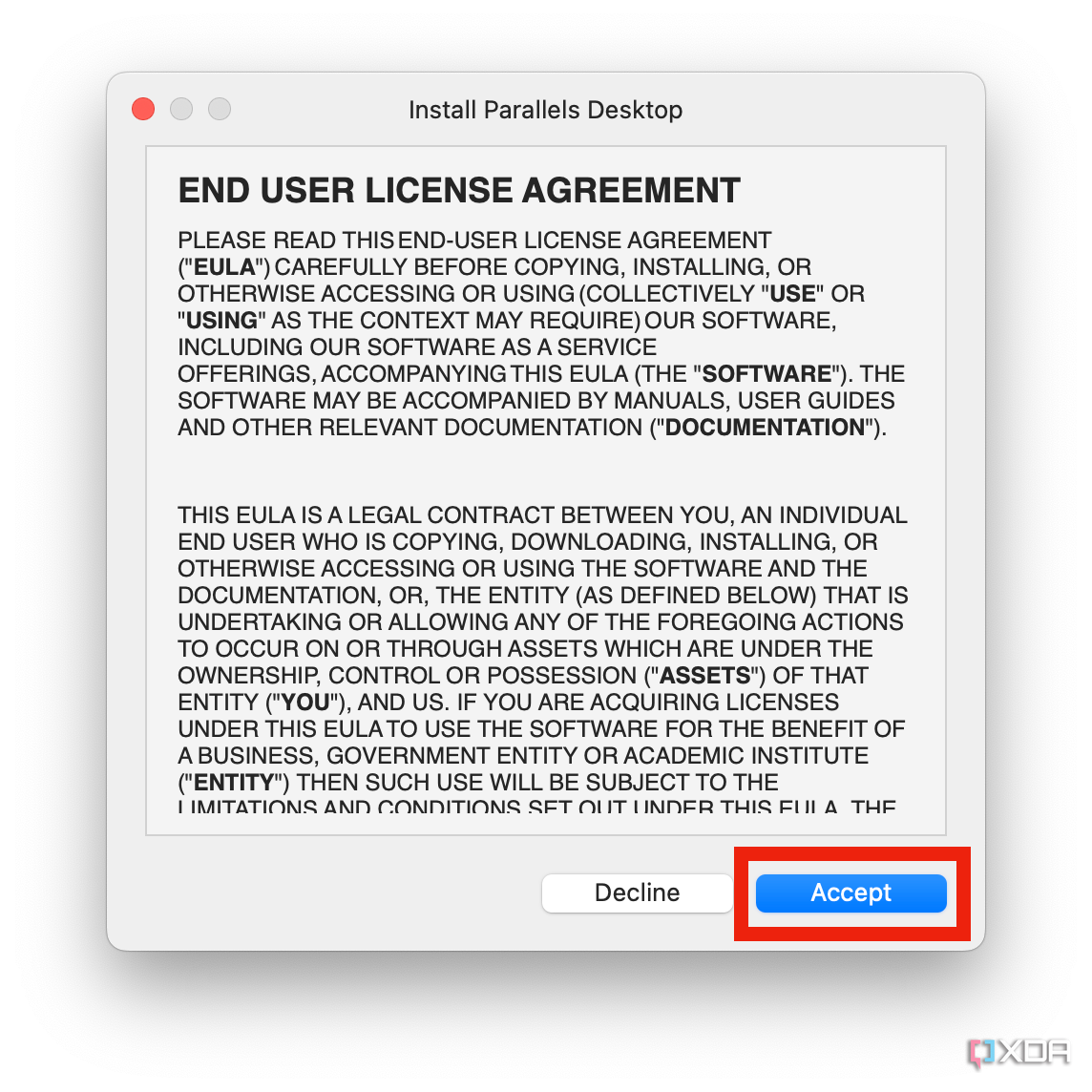 The EULA for Parallels 19.