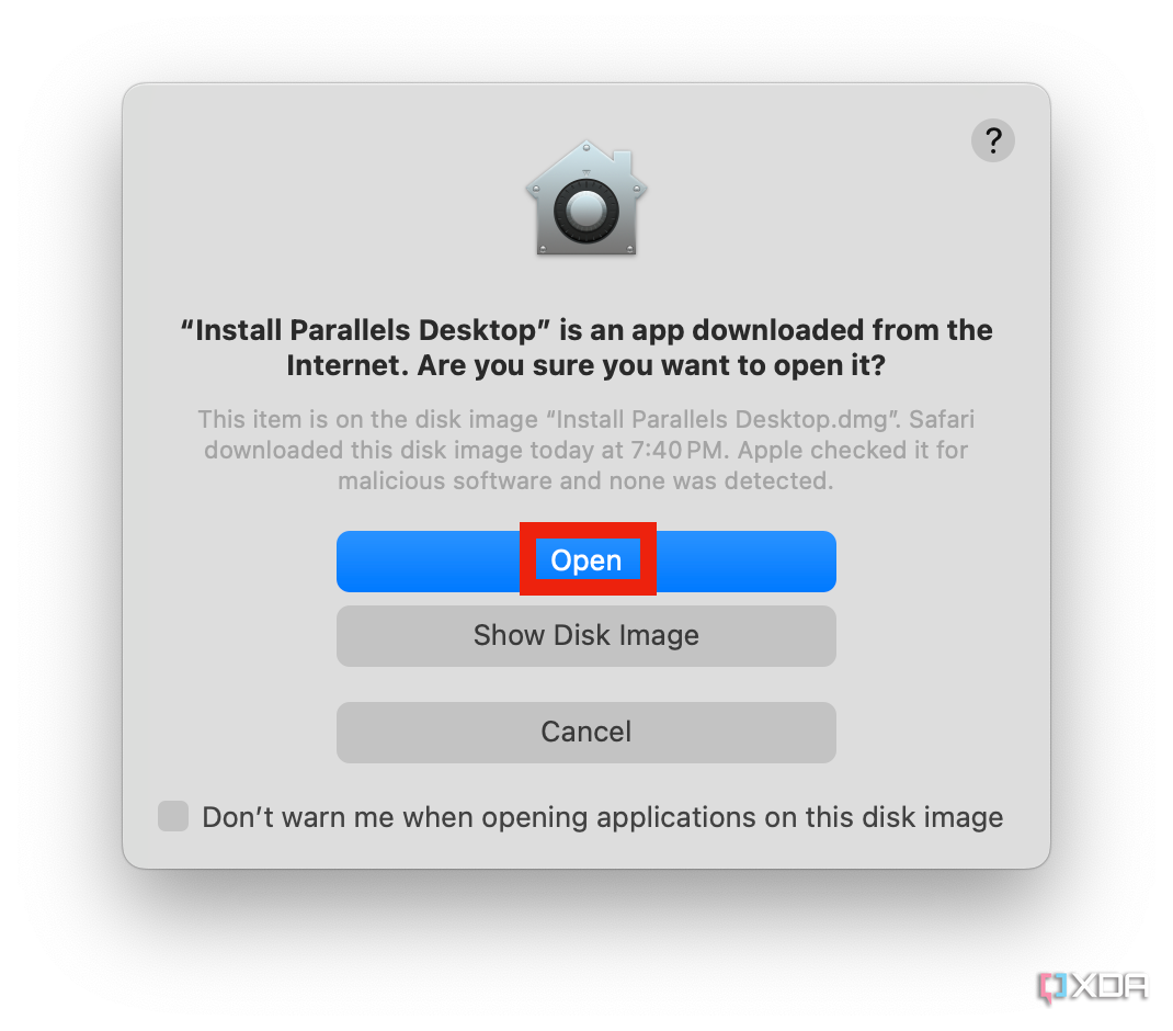 The Open app button in macOS for Parallels.