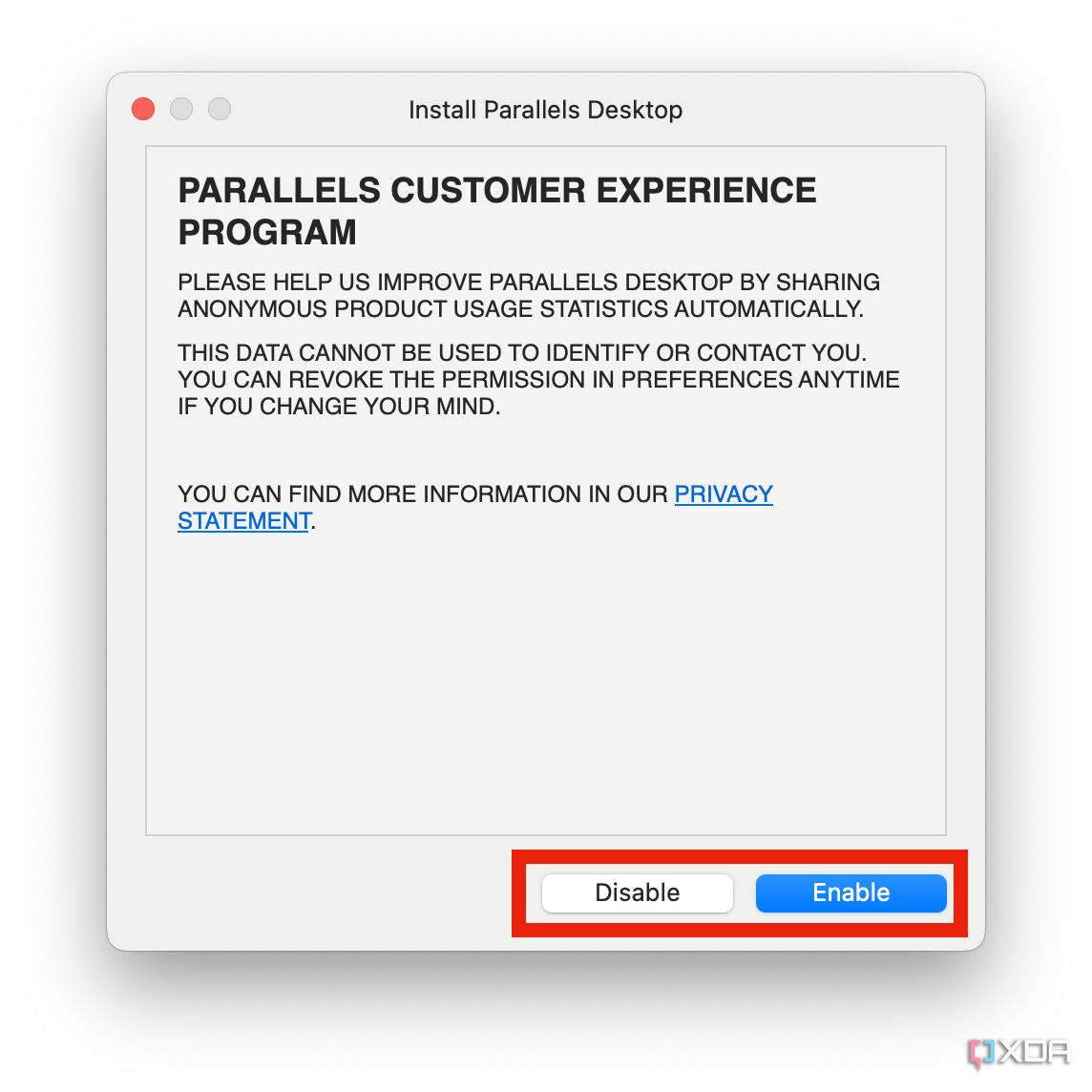 The data sharing option for Parallels 19.