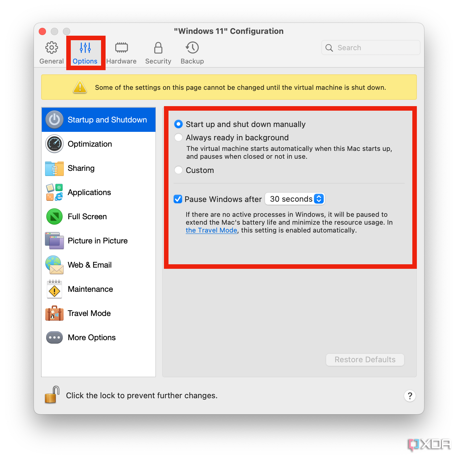 The startup and shutdown options for the Parallels virtual machine.