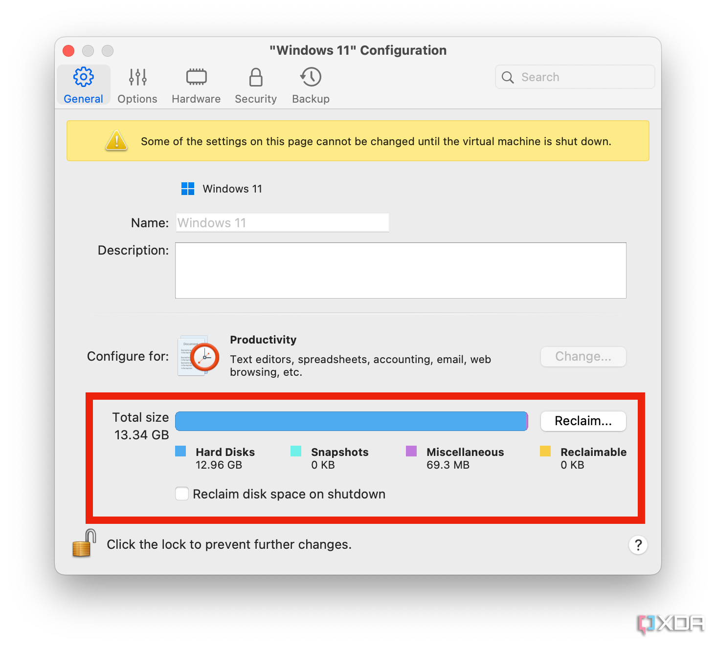 The storage management options in the Parallels virtual machine settings.