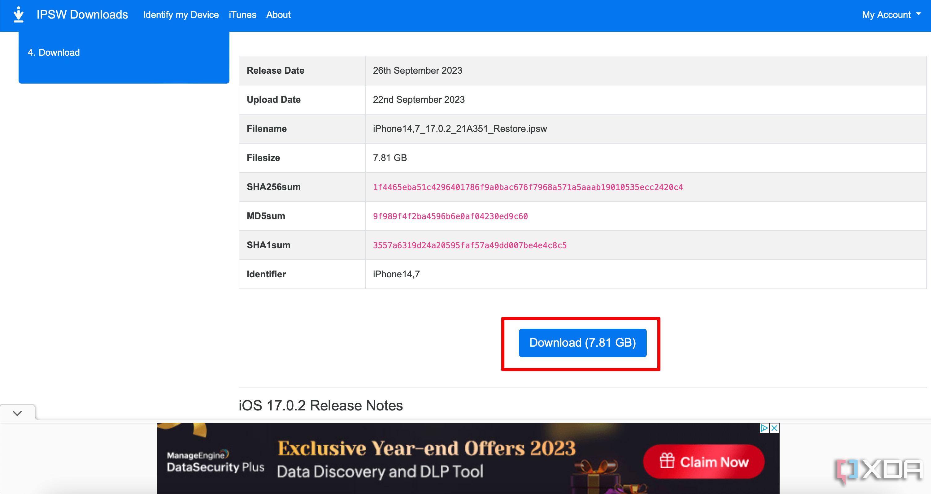 IPSW website showing an older version of iOS selected and Downloaded highlighted.