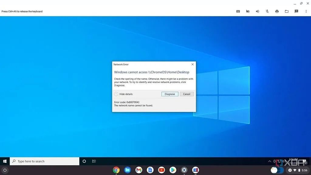 Parallels Desktop en ChromeOS con un código de error sobre el uso compartido