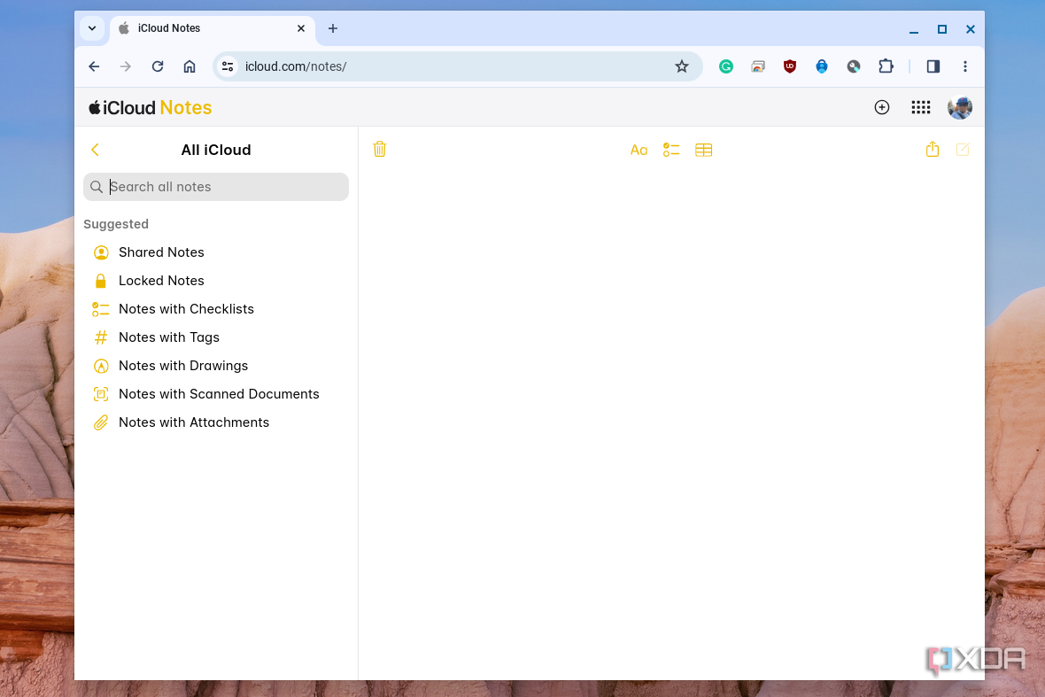 The Apple notes app on iCloud on a Chromebook