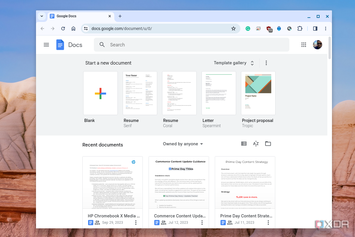 Google Docs open on a Chromebook showing a blank document