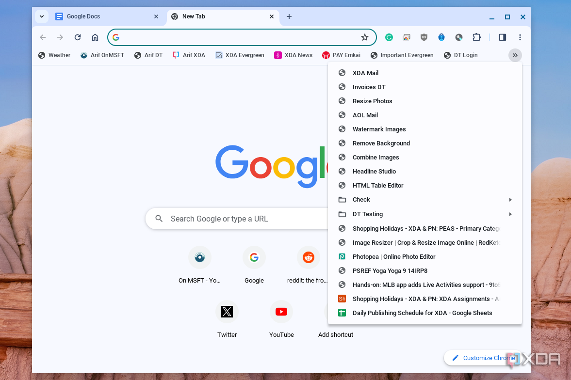 A list of bookmarks in Google Chrome