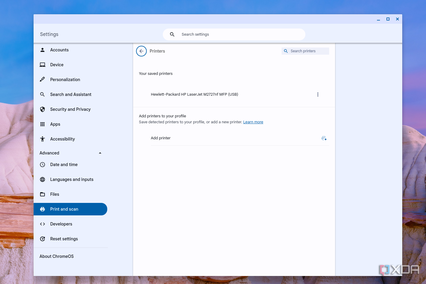 The ChromeOS settings app showing a connected printer