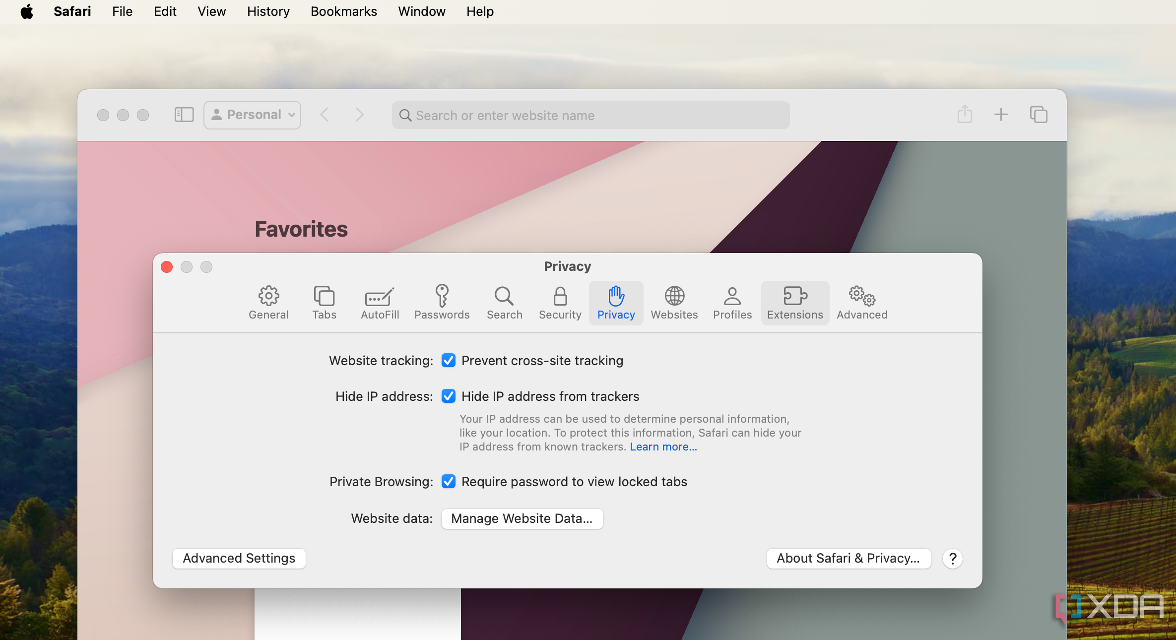 All of Safari's settings options open on the screen