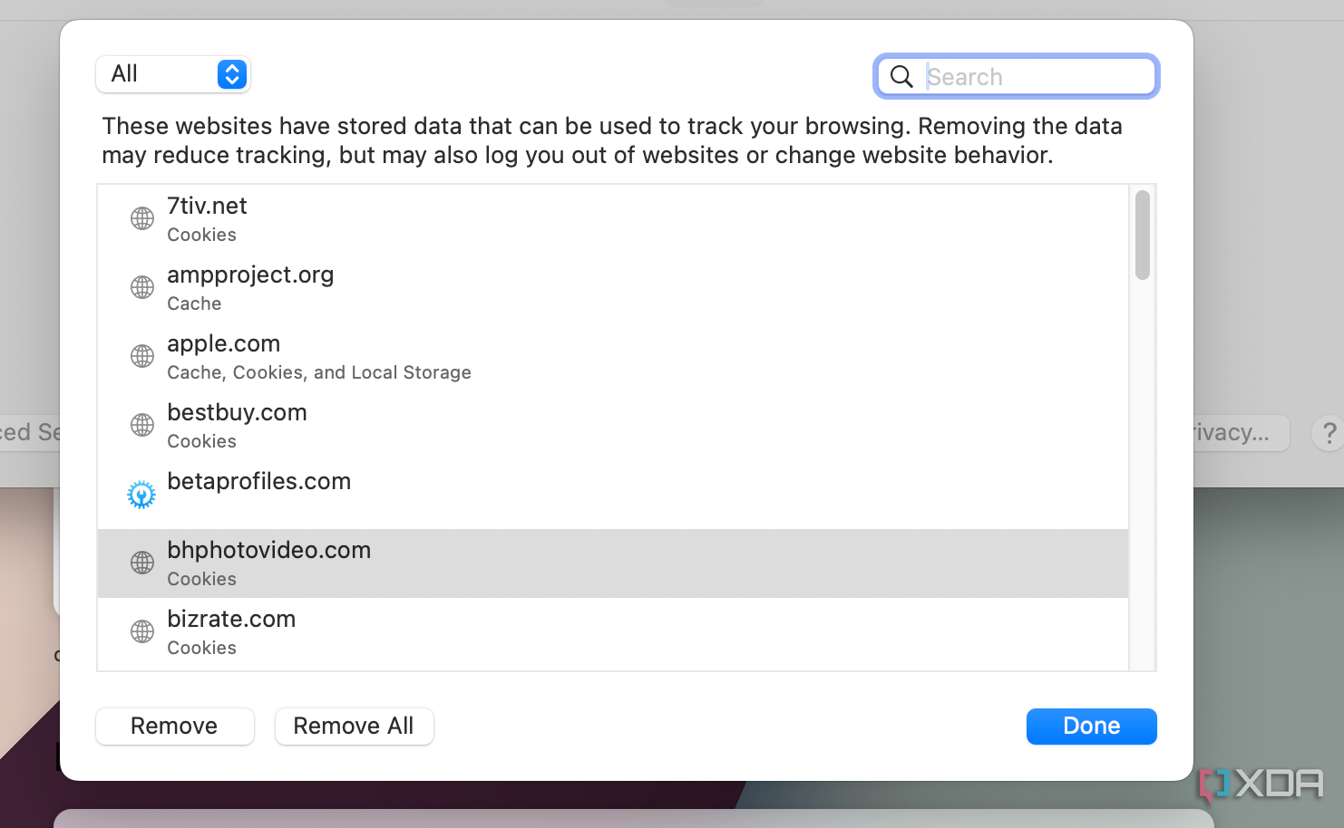 Removing website data in Safari