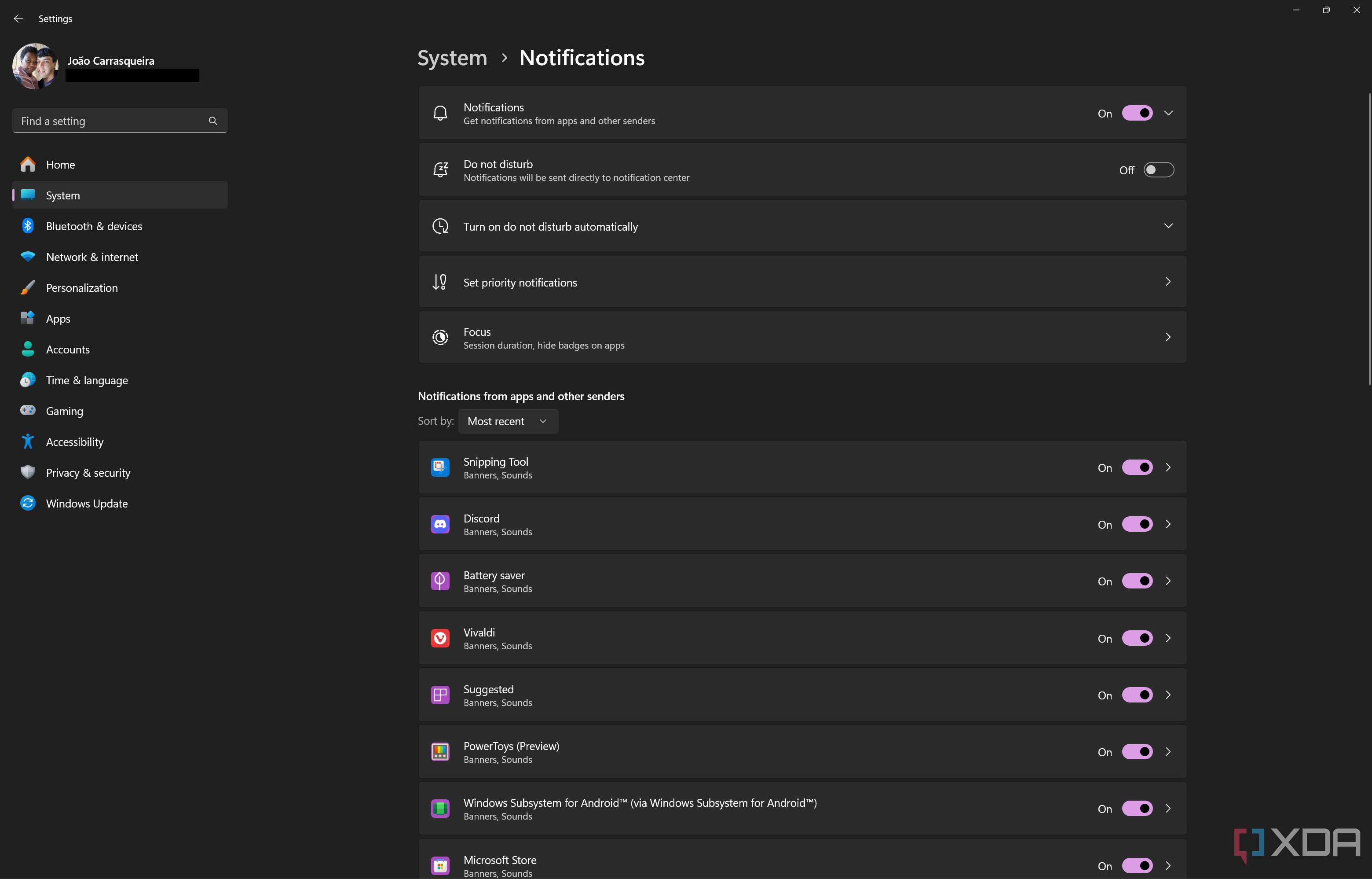 Screenshot of notification settings in Windows 11