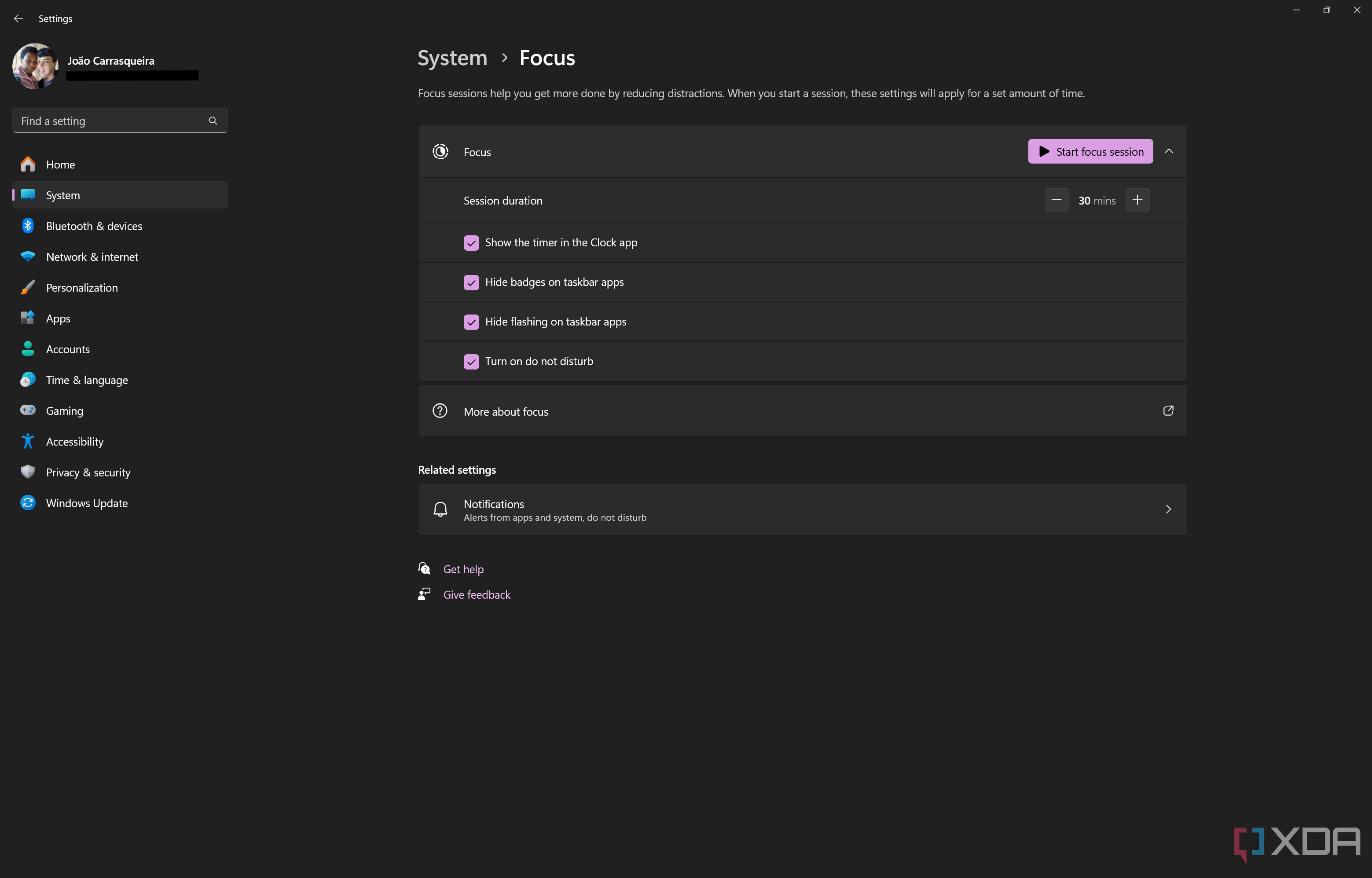 Screenshot of the Focus page in Windows 11 Settings