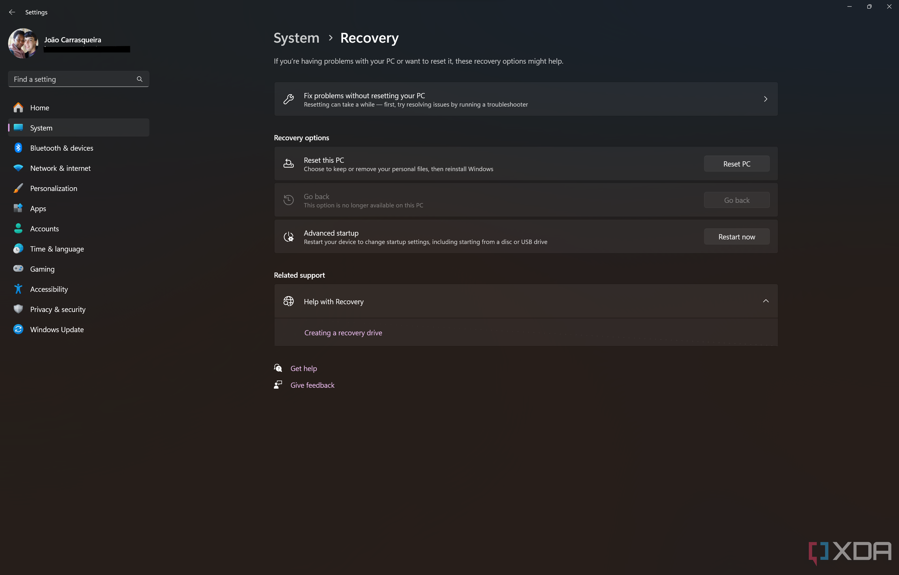 Screenshot of the Recovery page in Windows 11 Settings
