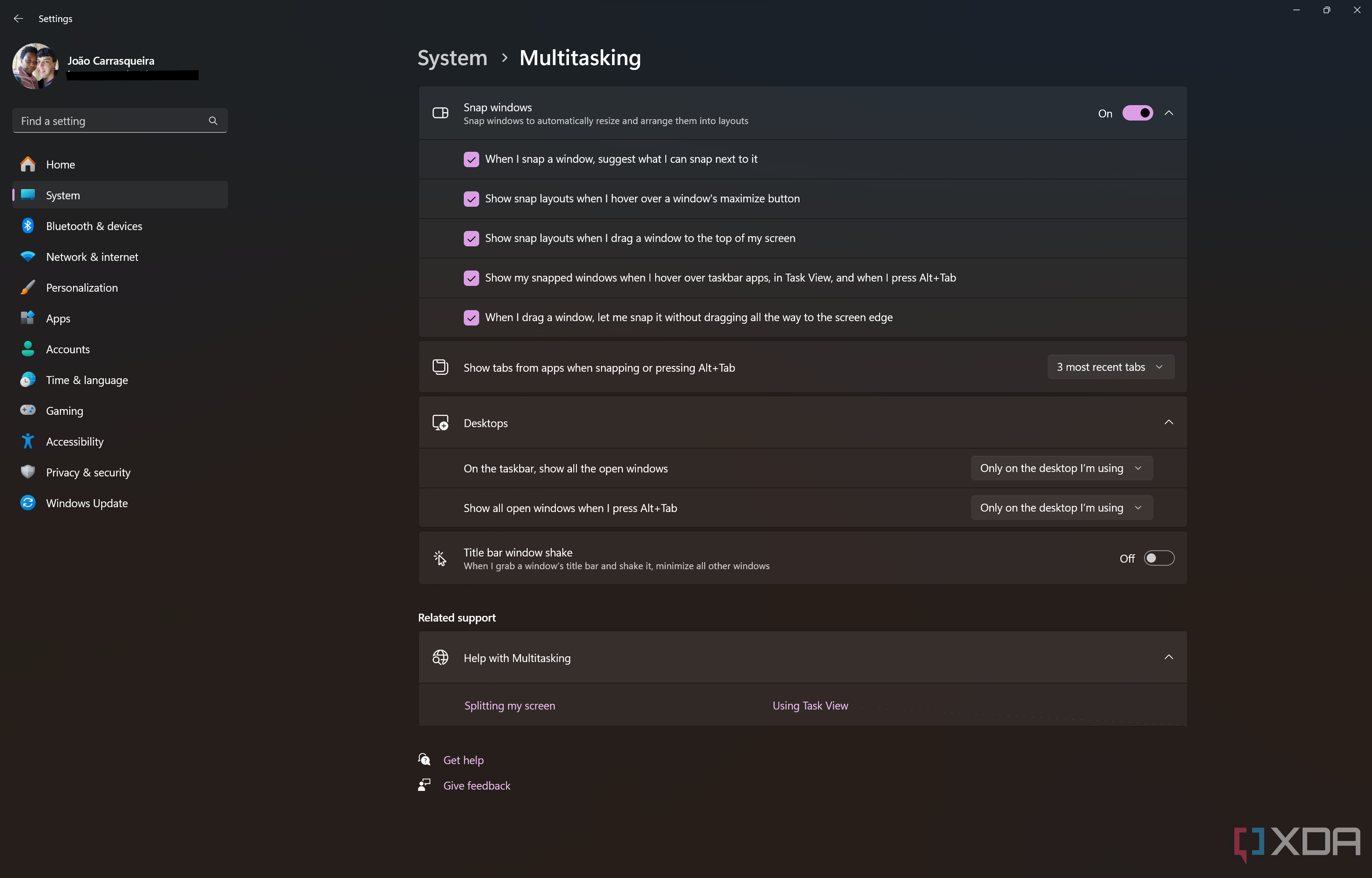 Screenshot of Multitasking page in Windows 11 Settings