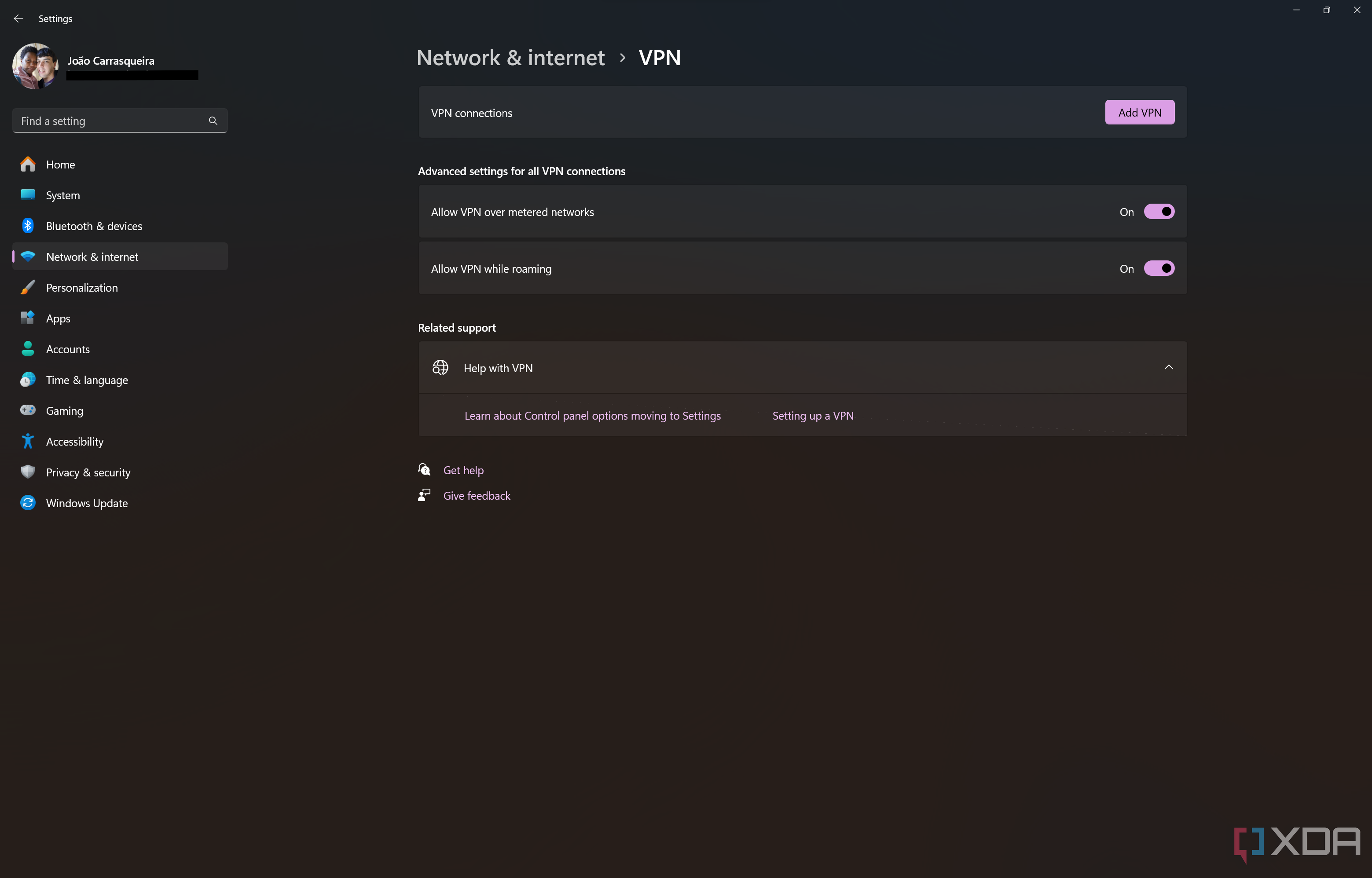 Screenshot of VPN page in Windows 11 Settings