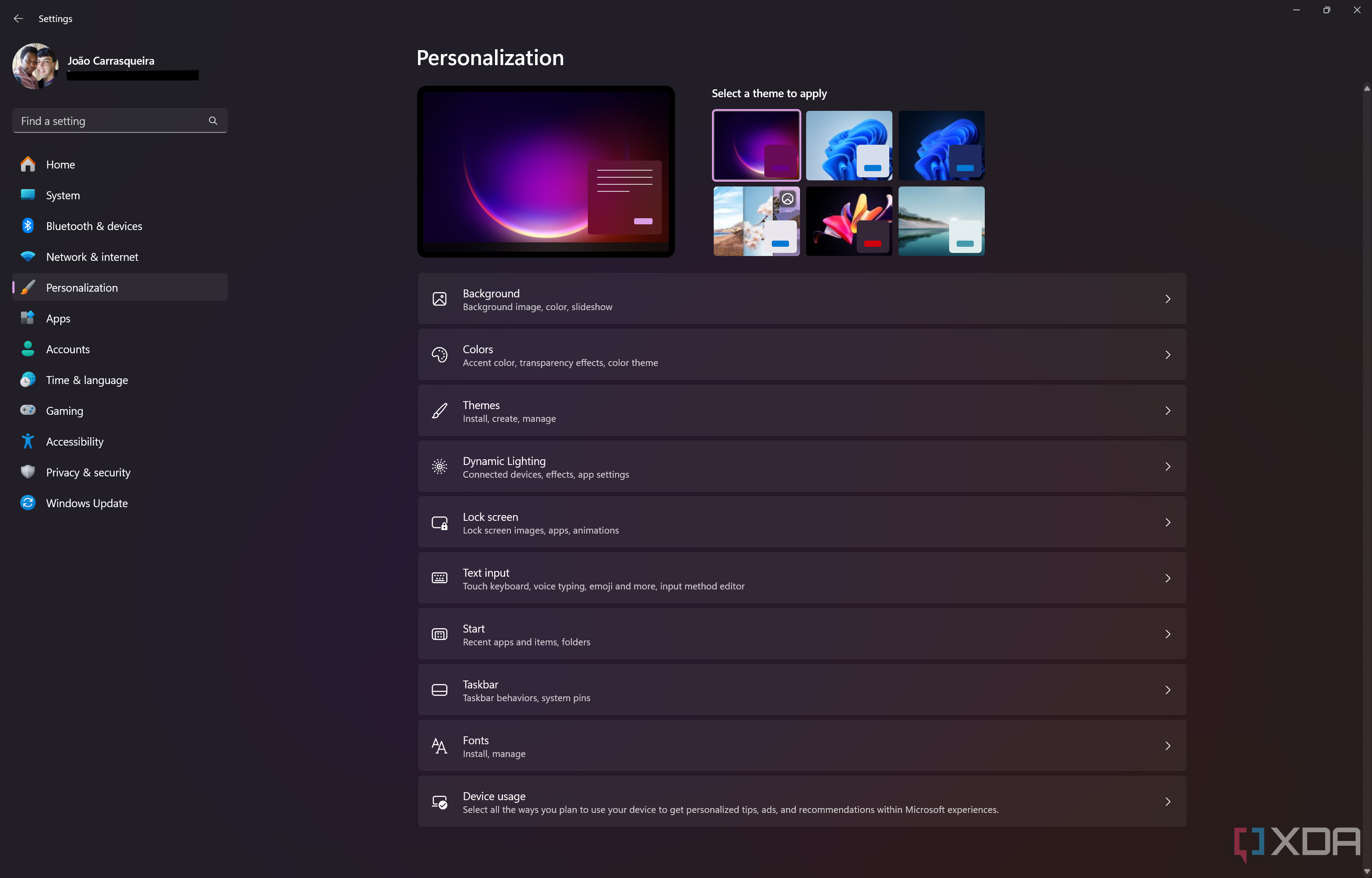 Screenshot of Personalization section in Windows 11 Settings app