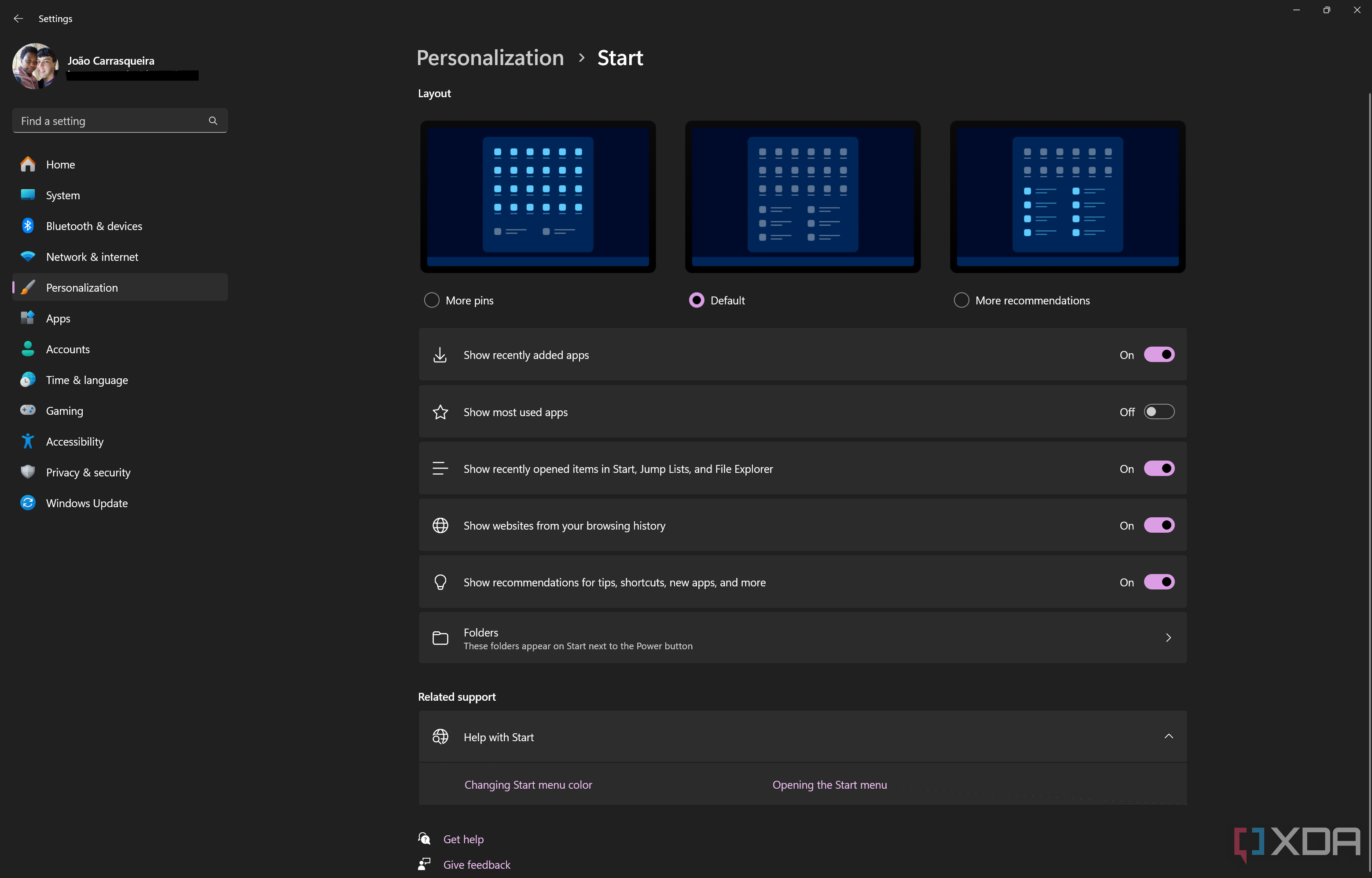 Screenshot of Start page in Windows 11 Settings