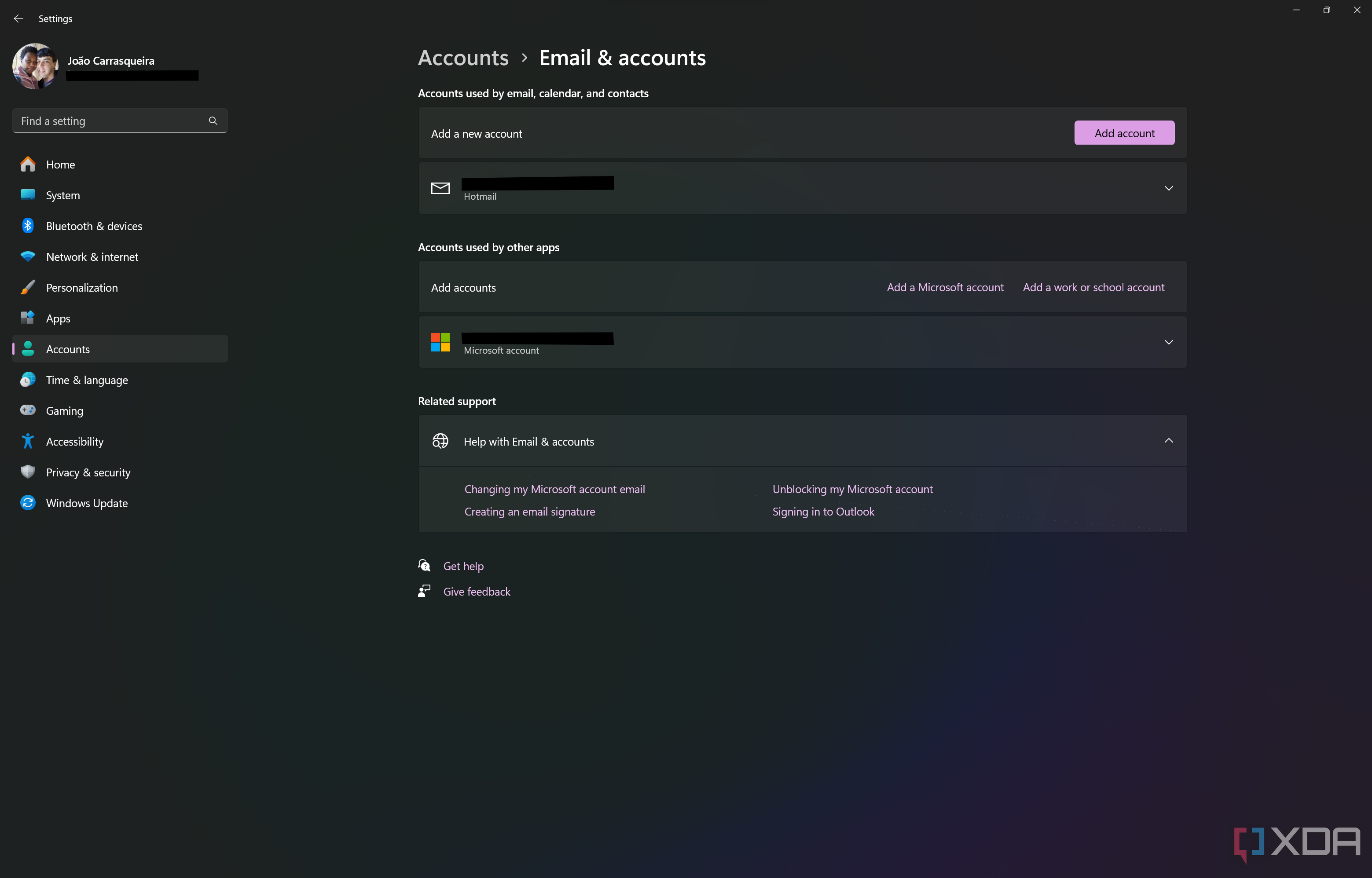 Screenshot of Email and accounts page in Windows 11 Settings