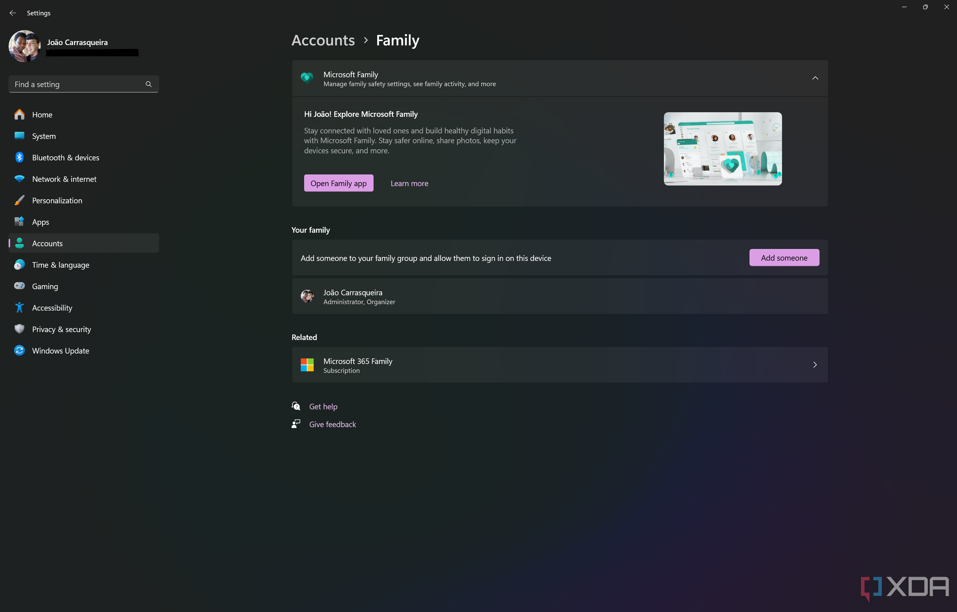 Screenshot of the Family page in Windows 11 Settings
