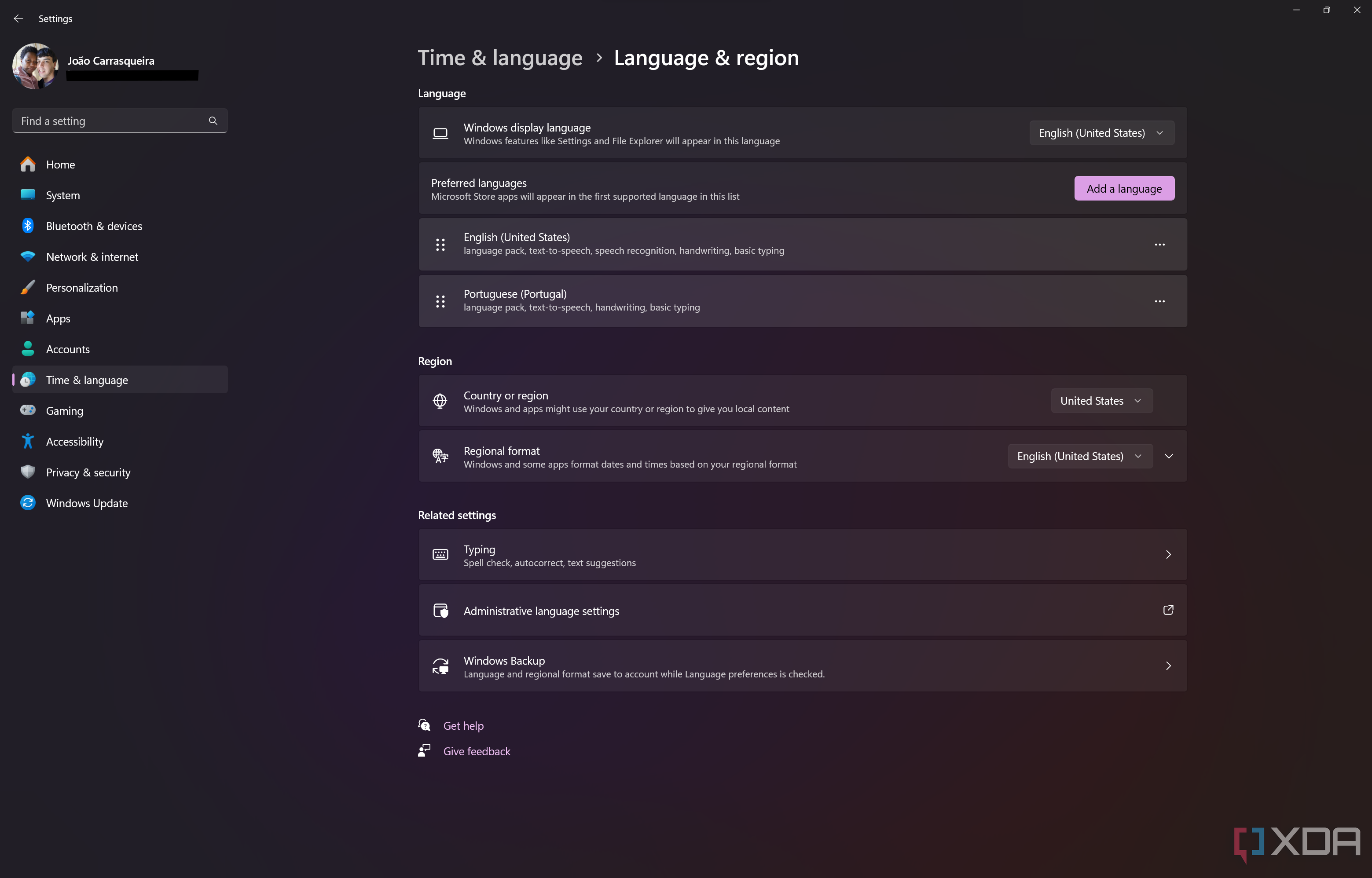 Screenshot of the Language and region page in Windows 11 Settings