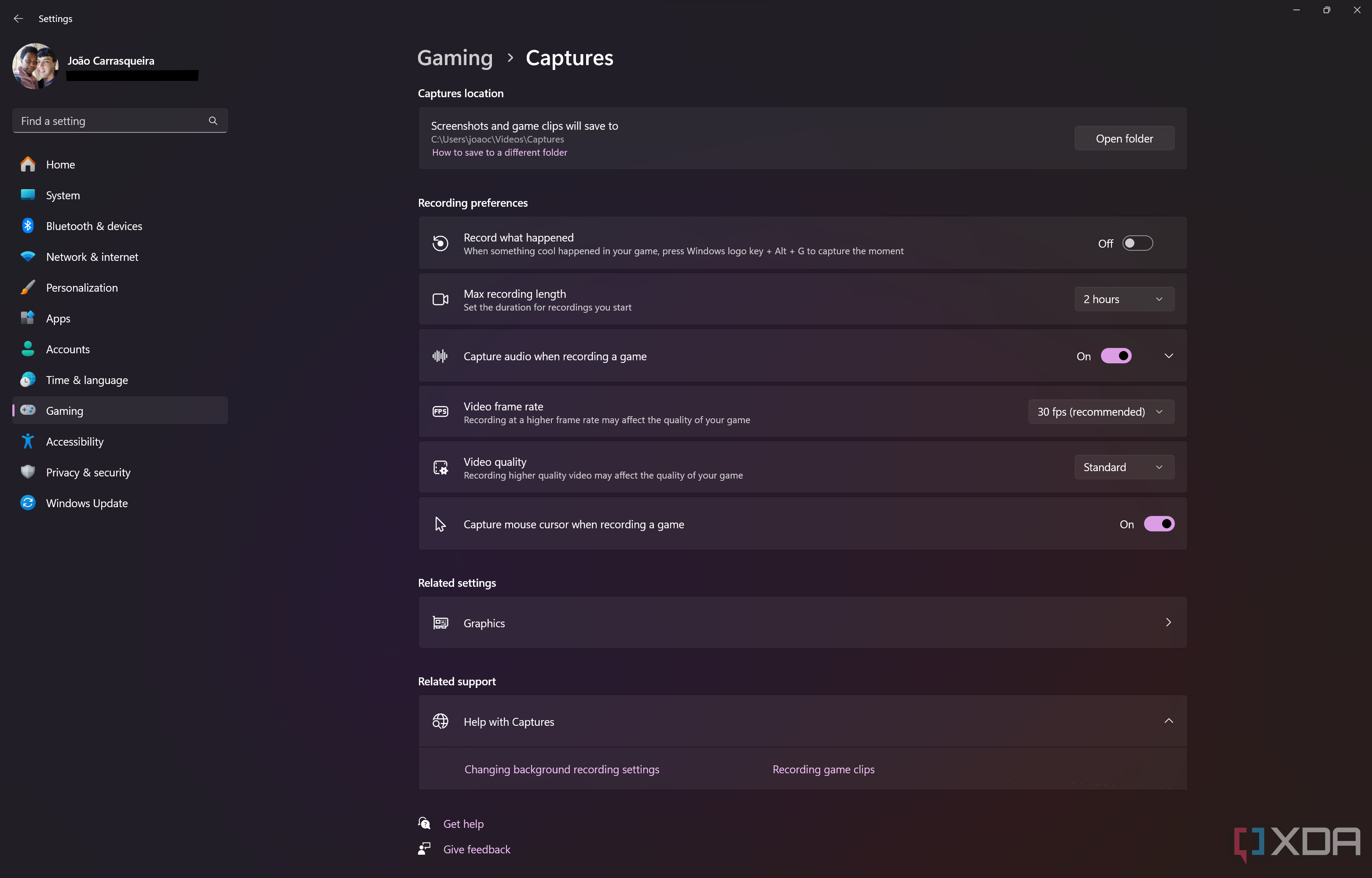 Screenshot of the Captures page in Windows 11 Settings