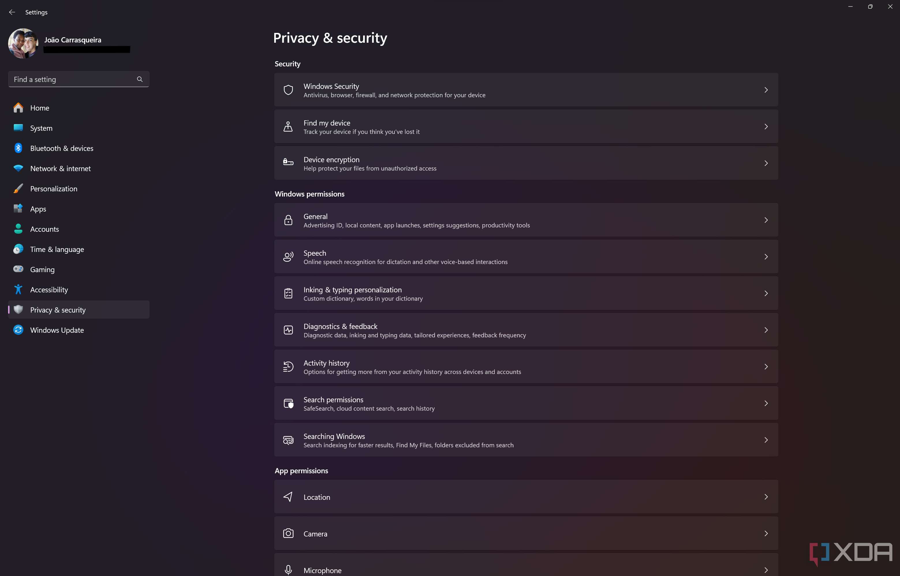 Screenshot of the Security and privacy page in Windows 11 Settings