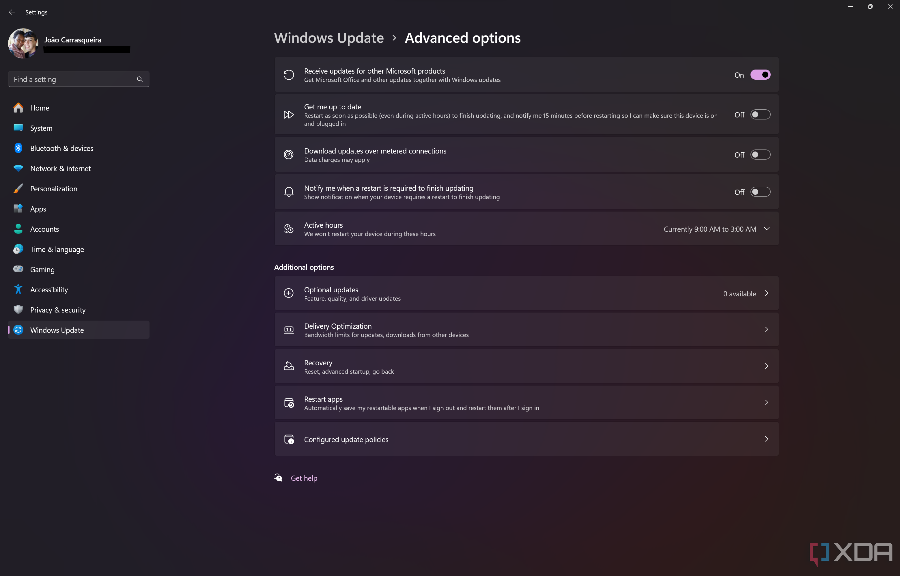 Screenshot of the Advanced options page for Windows Update in Windows 11 Settings