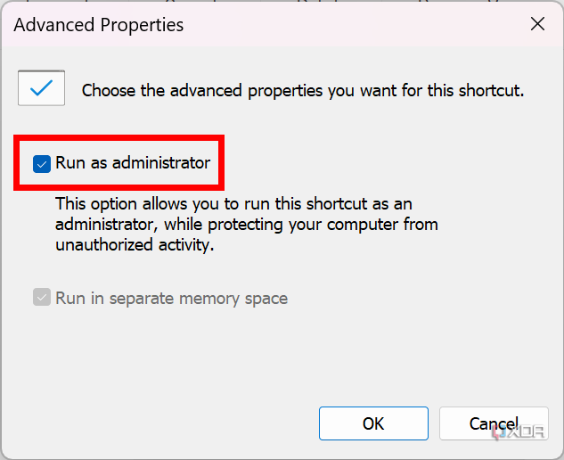 Screenshot of the Advanced properties window with the Run as administrator option enabled and highlighted