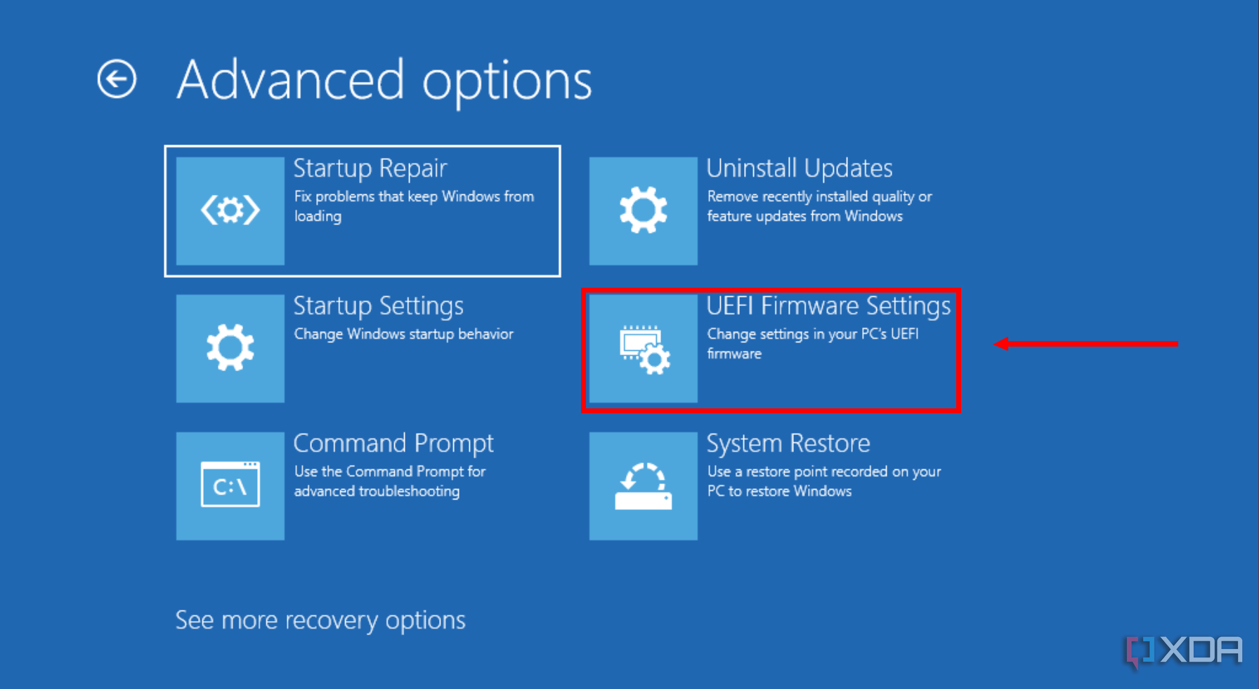 Screenshot of Advanced options in Windows Recovery Environment with UEFI Firmware Settings highlighted