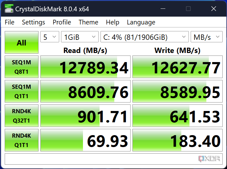 Screenshot of CrystalDiskMark test results on the Lenovo Legion 9i, showing speeds up to 12789 megabytes per second