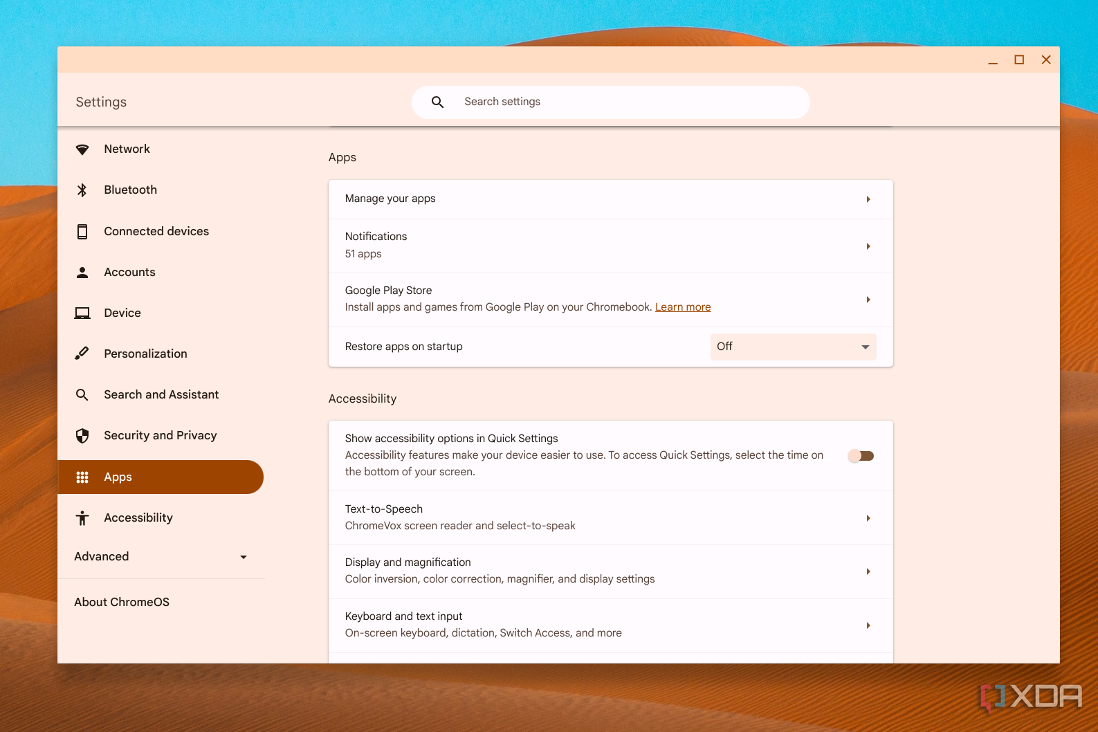 ChromeOS settings app showing Google Play options