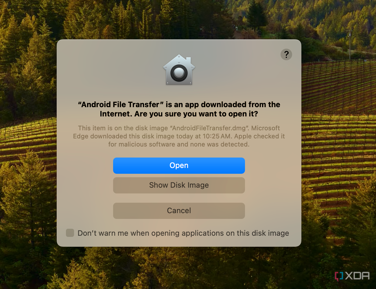 A security warning about opening Android File Transfer on macOS