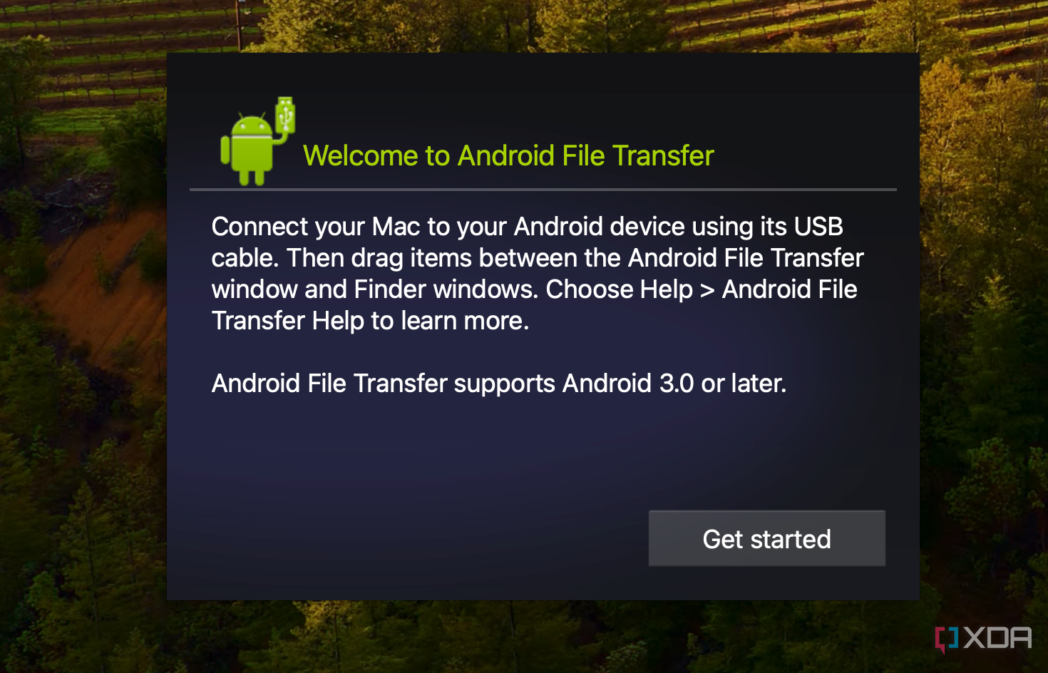 The get started with Android File Transfer message on macOS
