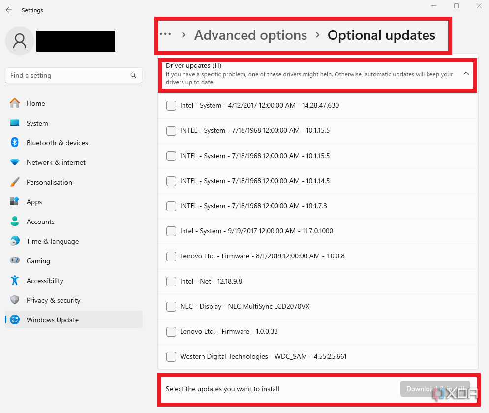 La aplicación Configuración muestra Windows Update con actualizaciones opcionales seleccionadas