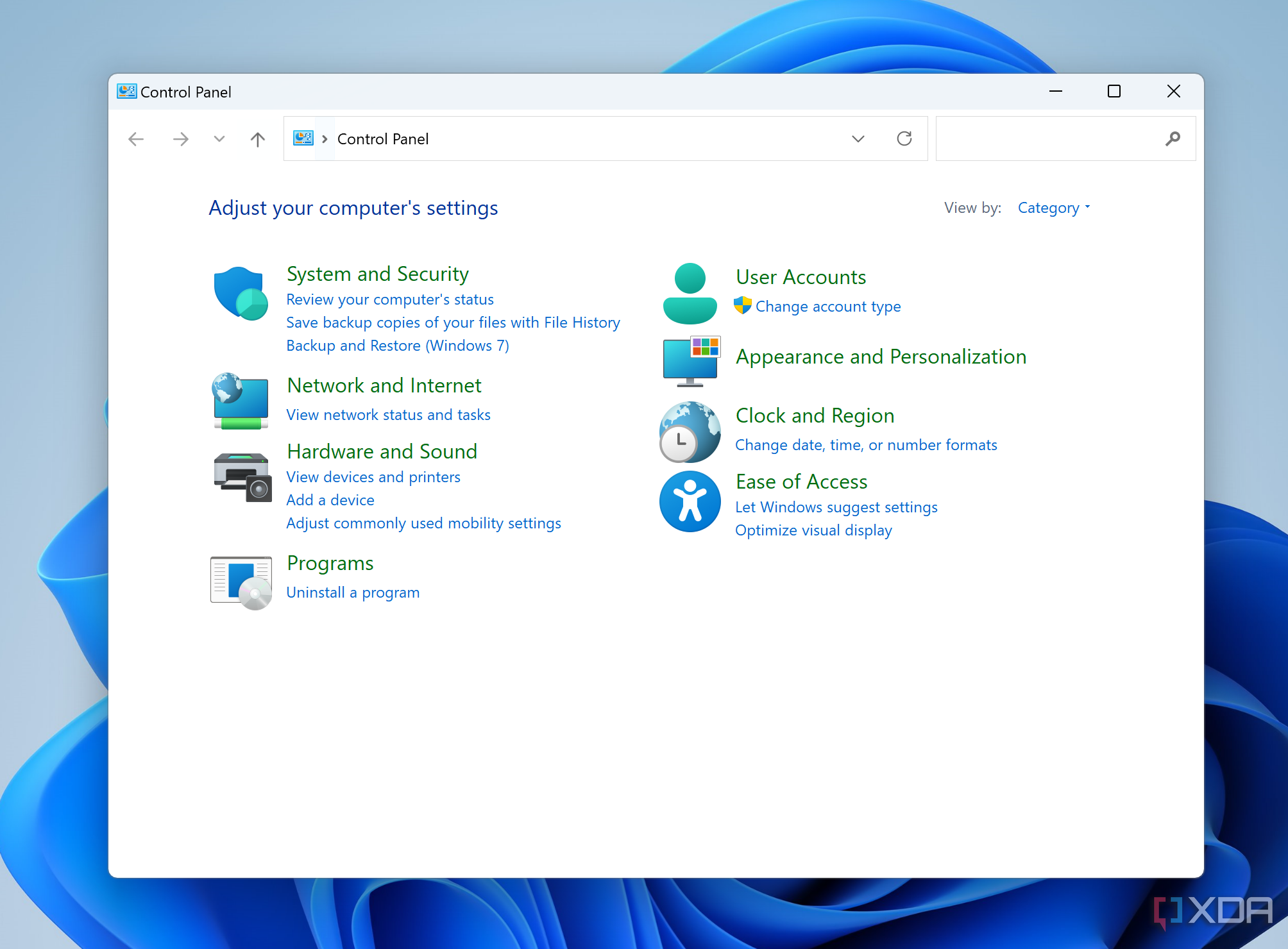 Панель управления Windows 11 в виде категорий