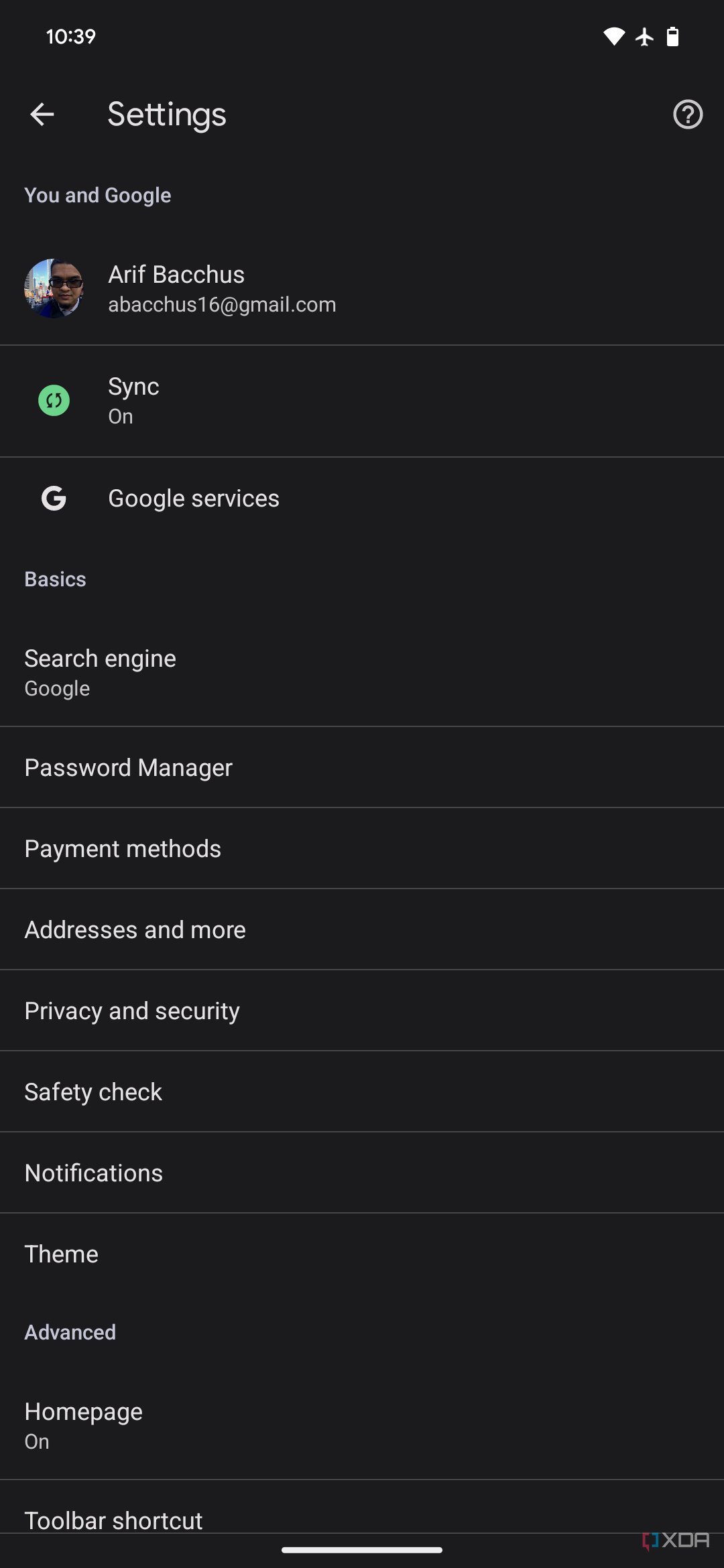 The Google Chrome settings app in Android