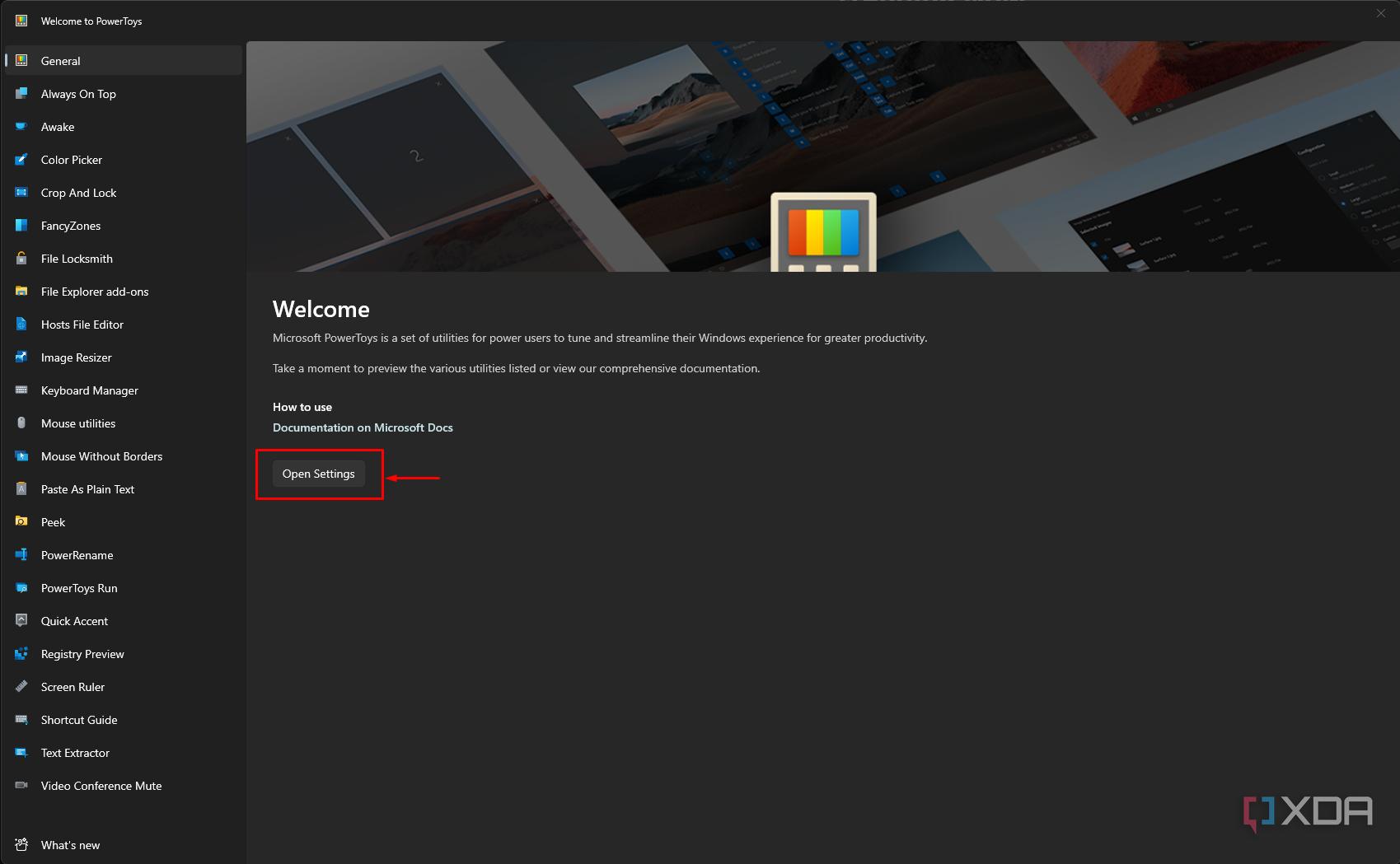 A marked-up screenshot of Windows PowerToys showing how to bypass the welcome screen.