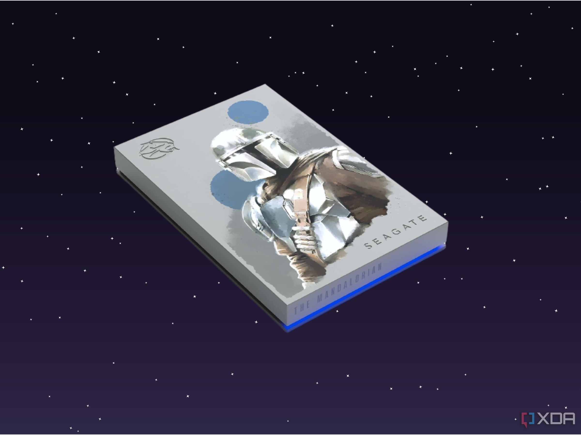 A Mandalorian themed hard drive pictured in front of a starry background