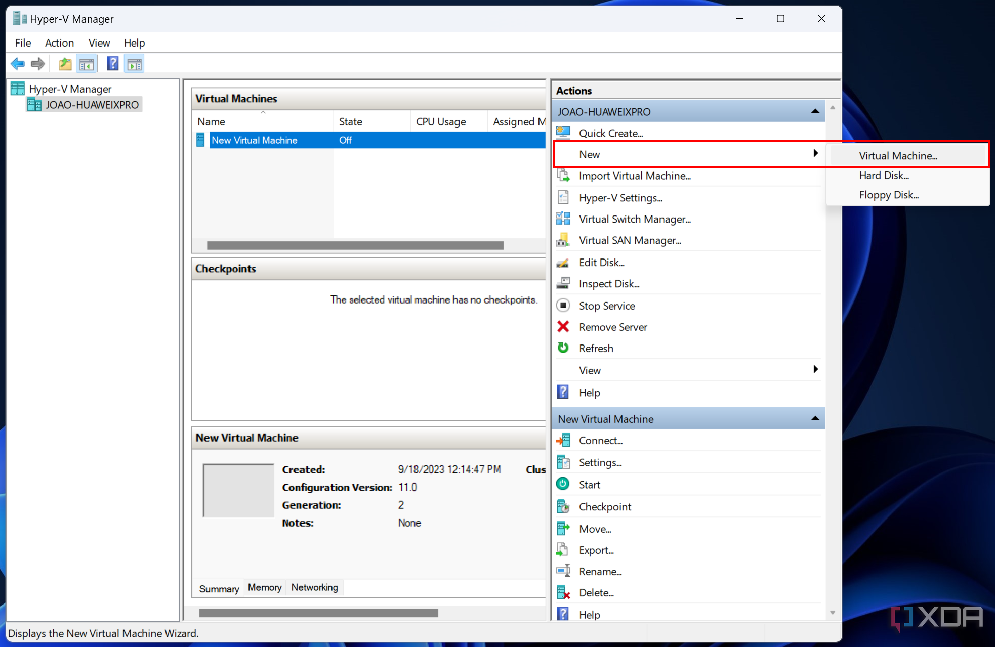 Screenshot of Hyper-V Manager showing the option to create a new virtual machine