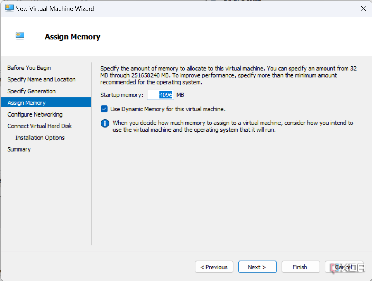 Screenshot of the virtual machine wizard asking the user to choose the amount of memory to assign to the VM