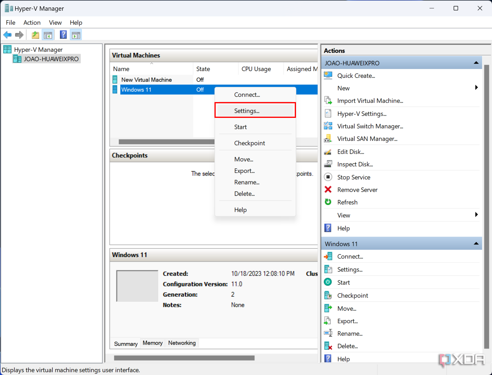Screenshot of Hyper-V Manager with a context menu shown when right-clicking a virtual machine. The settings button is highlighted.