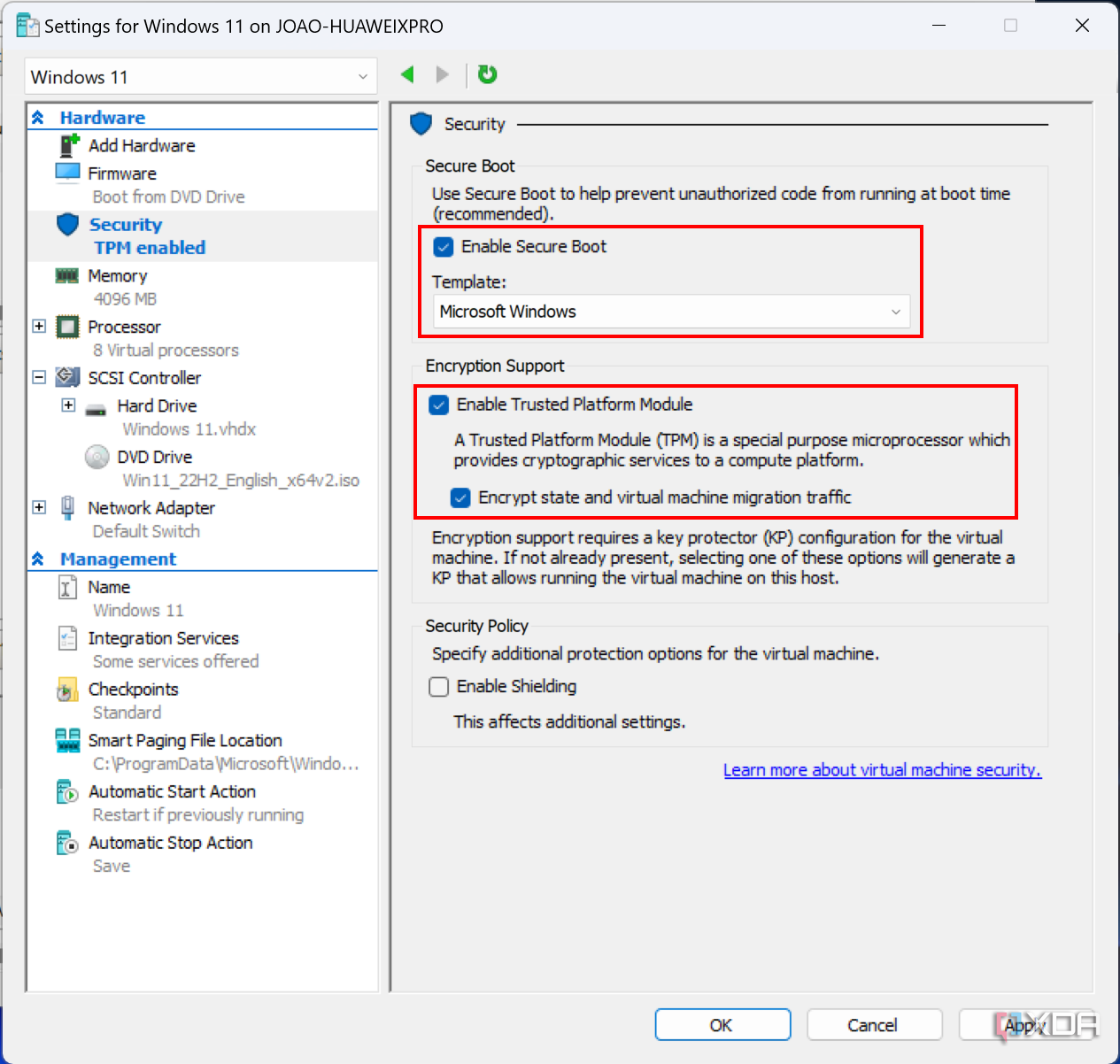 Screenshot of virtual machine security settings showing that secure boot and Trusted Platform Module are enabled