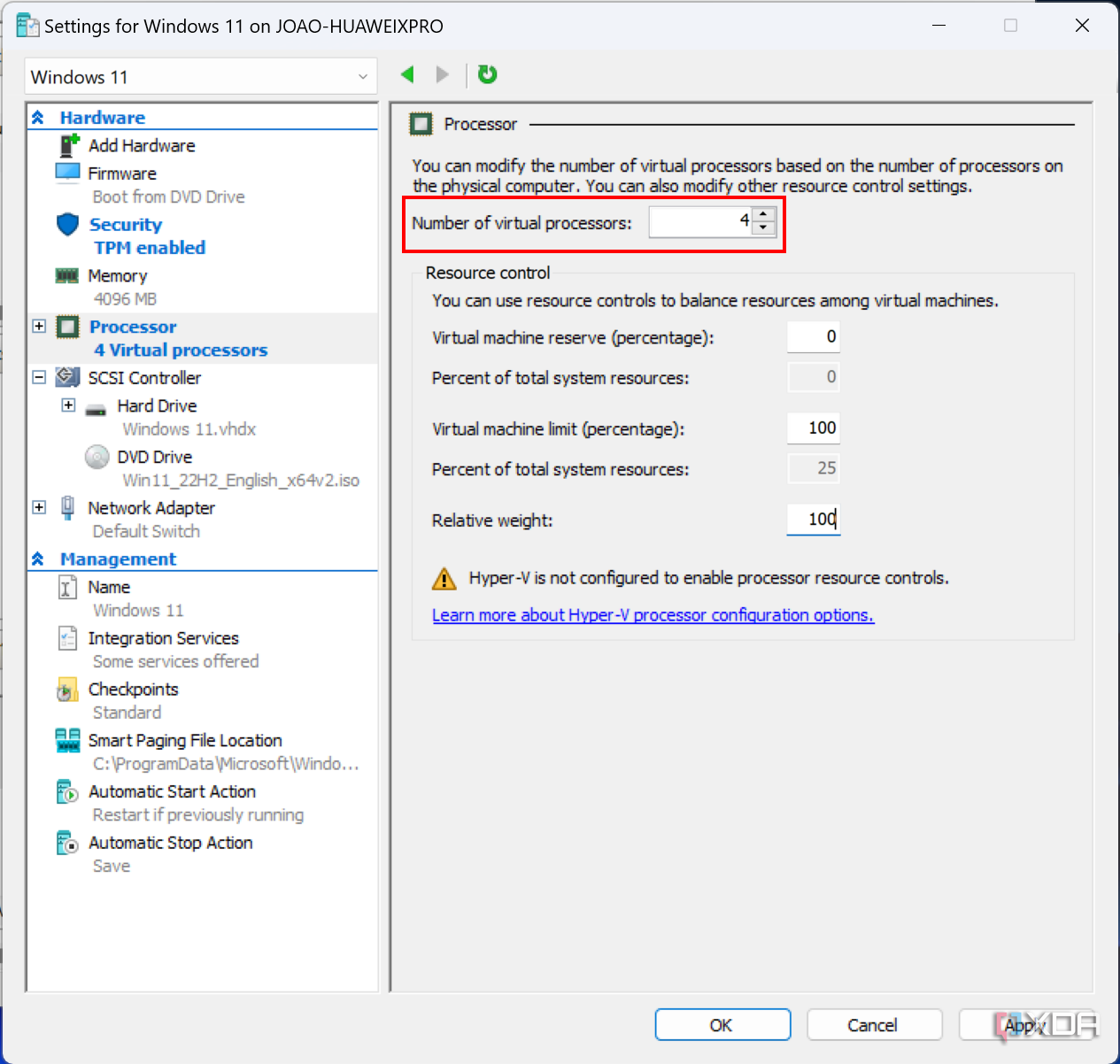 Screenshot of Hyper-V VM settings showing that there are four virtual cores assigned to the VM