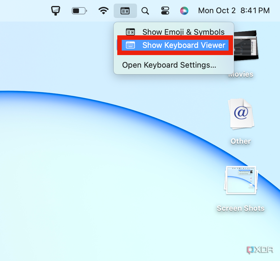 The Keyboard Viewer menu in macOS.