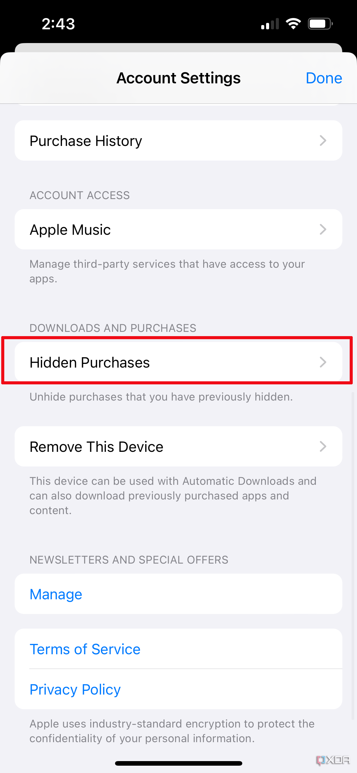 The account settings page on iPhone with Hidden Purchases shown